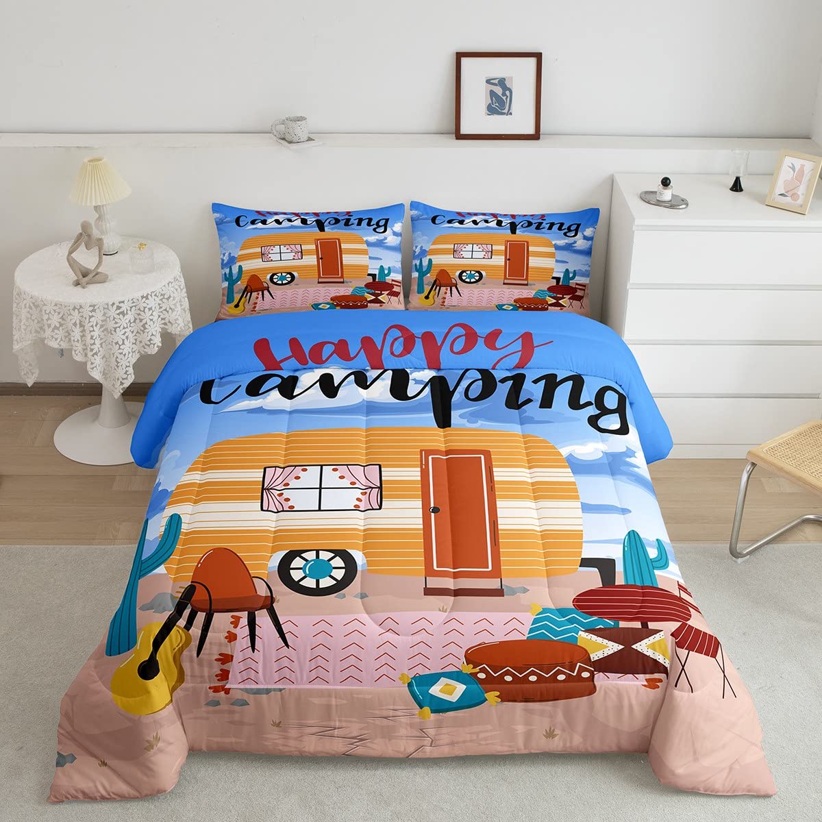 Happy Camping Bedding Set for Kids - Ocean Beach Themed Twin Size Duvet & Quilt Set - Perfect for Travel Trailers, Campers & Kids' Room Decor - Soft & Cozy Comforter for Boys, Girls & Teens