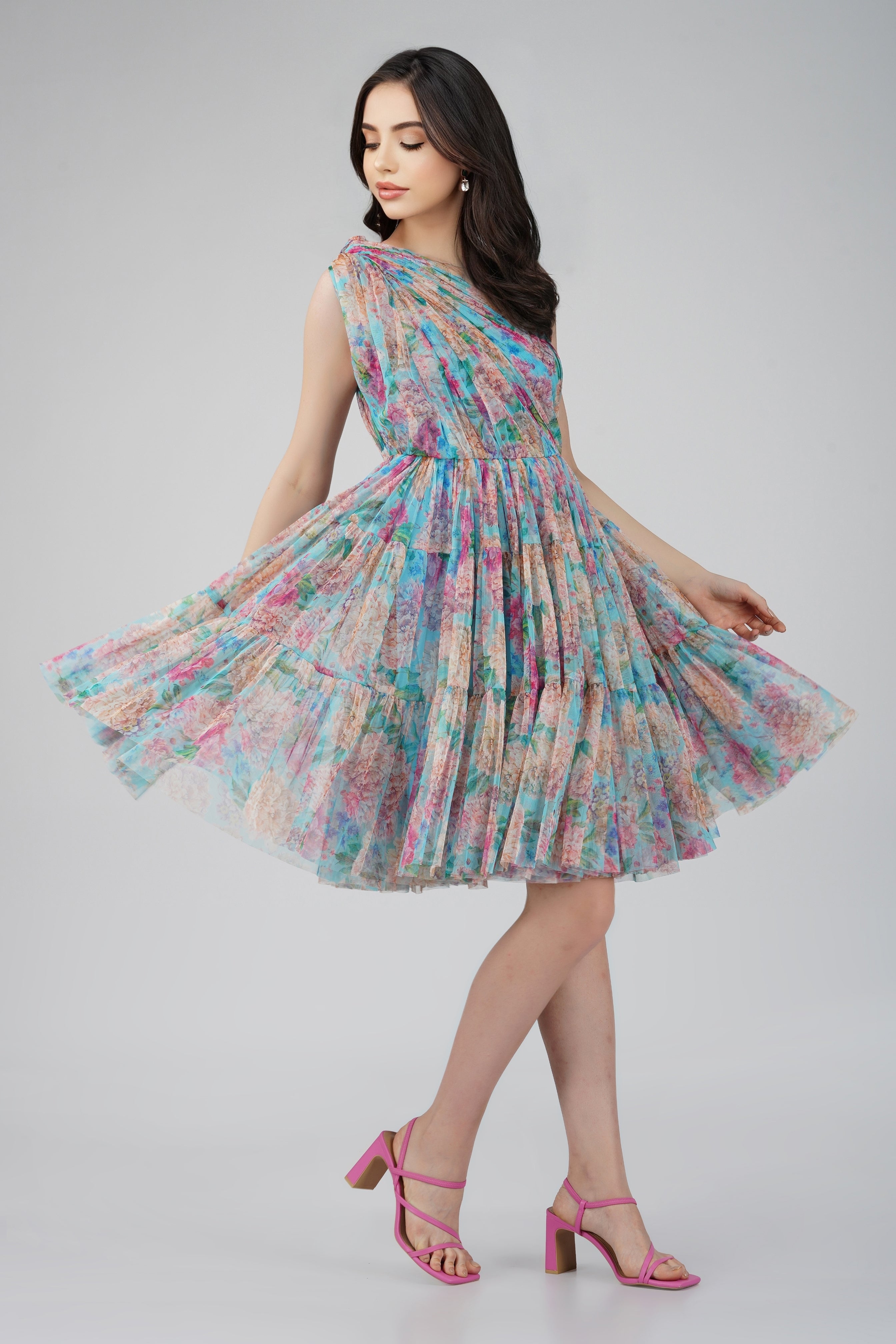 Roka Floral One Shoulder Mini Dress - Blue Summer Party Dress for Women, Perfect for Beach Vacations, Cocktail Parties & Date Nights