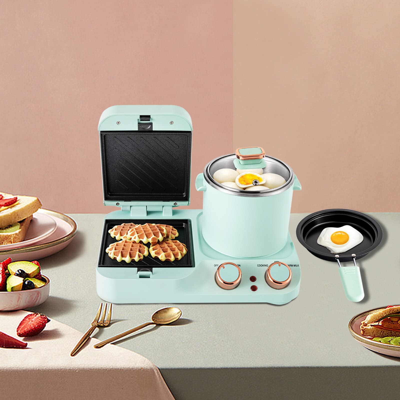 3 in 1 Electric Breakfast Station - Retro Toaster, Sandwich Maker & Non-Stick Frying Pan with Detachable Plates & Glass Lid Stockpot - Perfect for Quick Breakfast, Family Meals & Small Kitchen Appliances