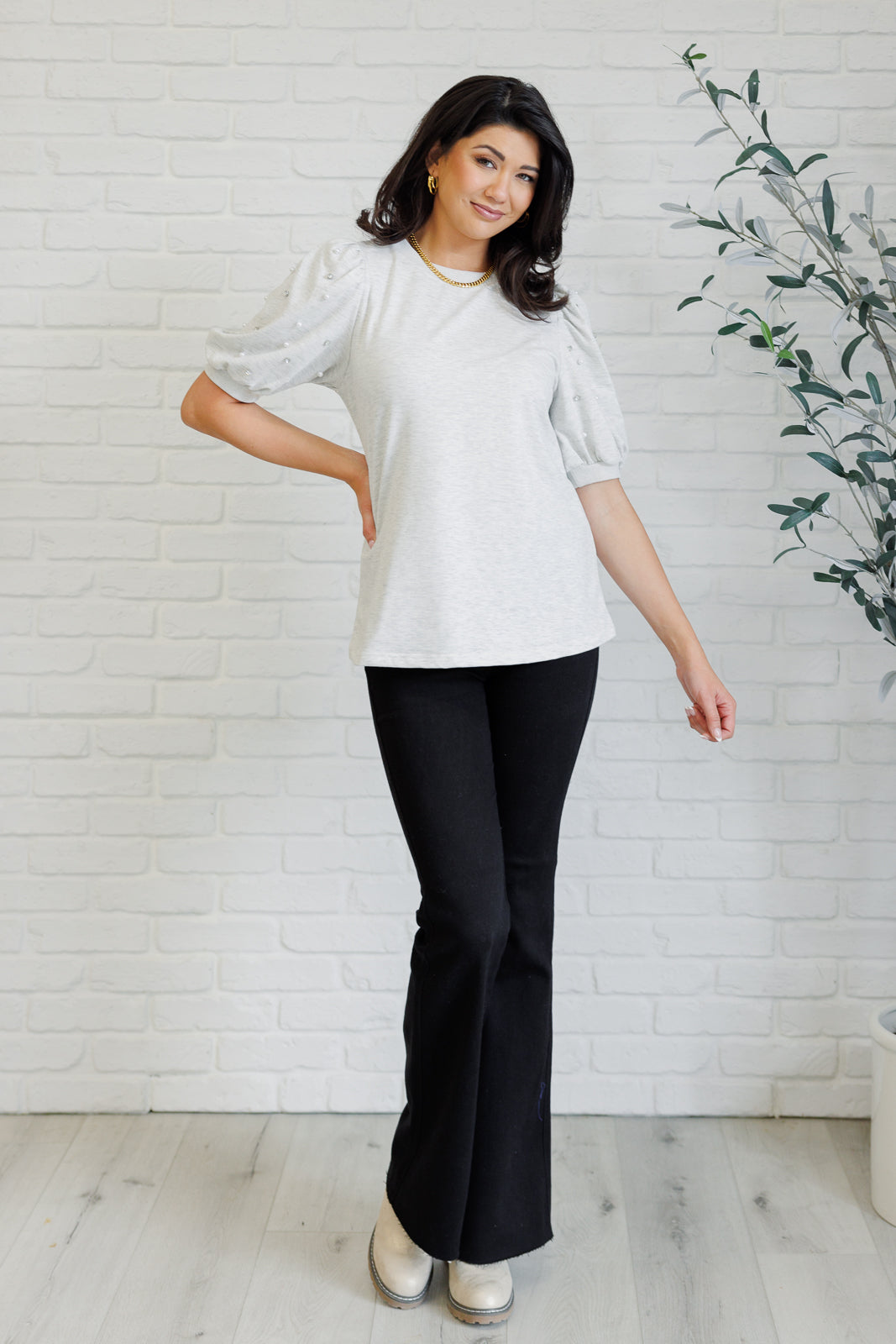 Elegant Light Grey Puff Sleeve Top with Diamond & Pearl Embellishments - Perfect for Parties, Weddings & Special Occasions