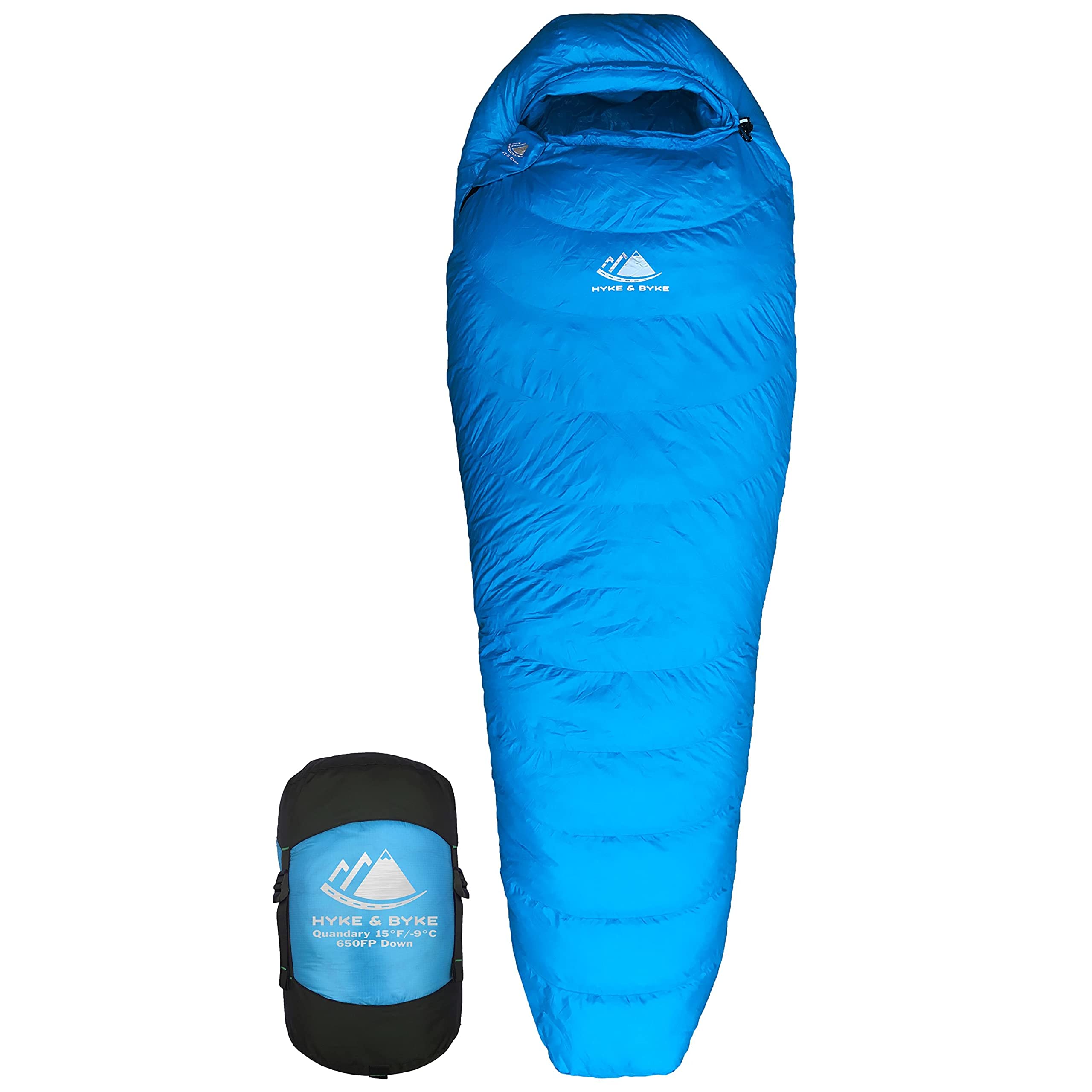 Hyke & Byke Quandary 15°F Cold Weather Mummy Sleeping Bag - 650 FP Duck Down, Ultralight 3-Season Backpacking & Hiking Sleeping Bag for Adults - Includes Compression Stuff Sack - Perfect for Camping, Mountaineering & Outdoor Adventures