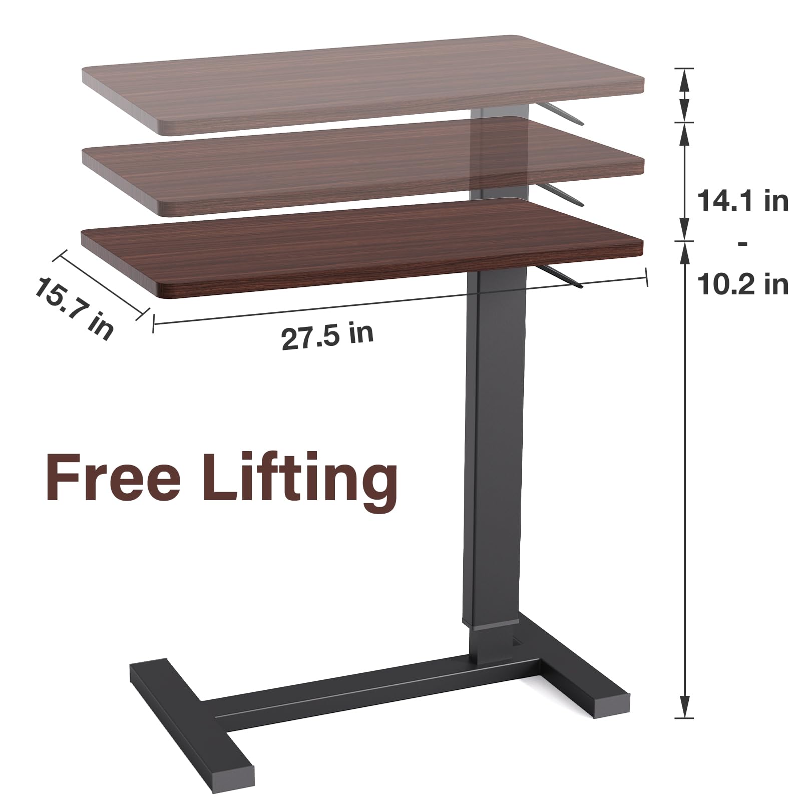 Adjustable Overbed Bedside Table with Wheels - Rolling Laptop Desk for Hospital & Home Use, Pneumatic Height Mobile Standing Workstation (Brown) - Perfect for Bedside Meals, Laptop Work, and Reading in Bed