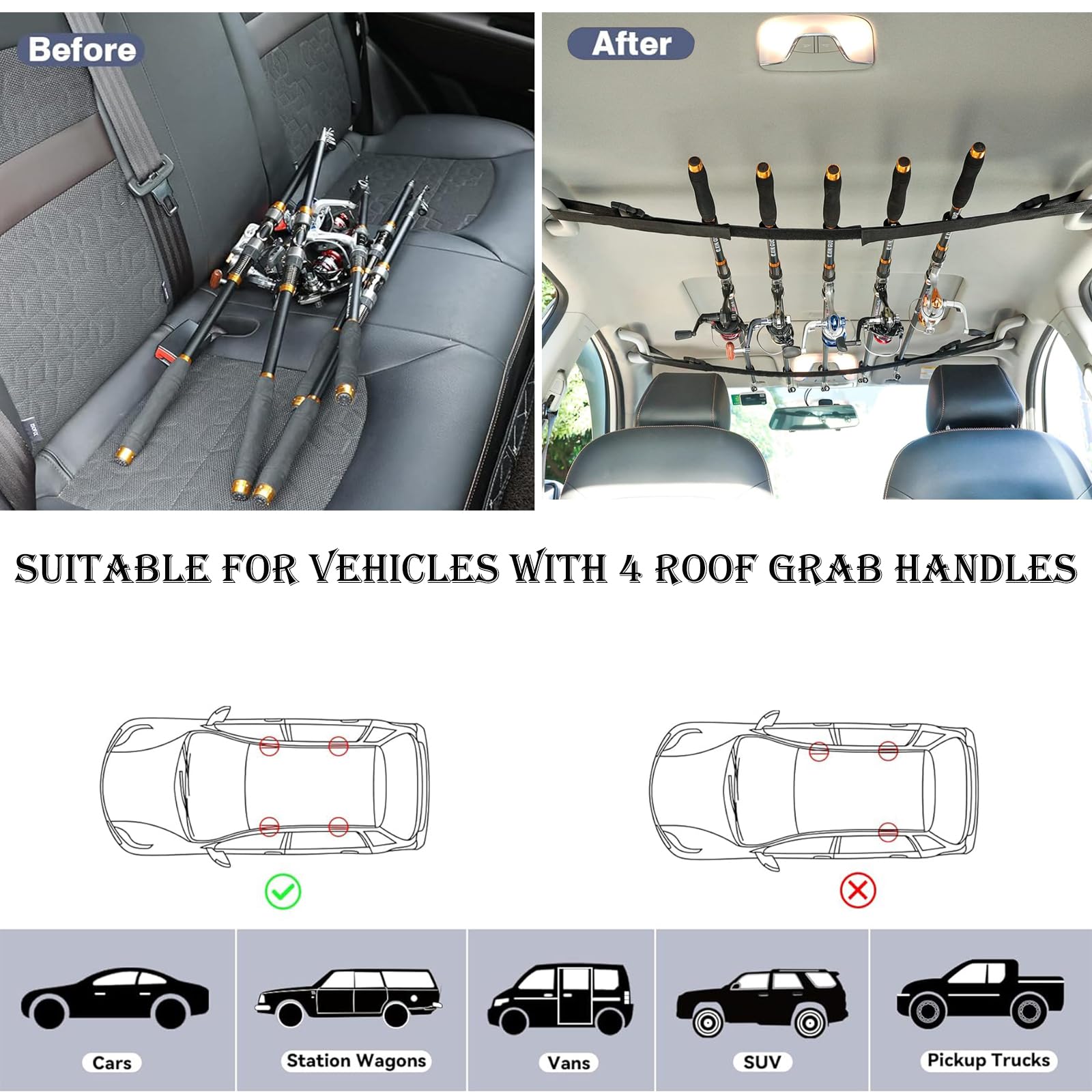 Car Fishing Rod Holder for SUV, Truck, Van, Jeep & Wagon - 2 Styles (Roof Rack & Backseat Holder) | Secure Fishing Pole Storage for Road Trips & Outdoor Adventures