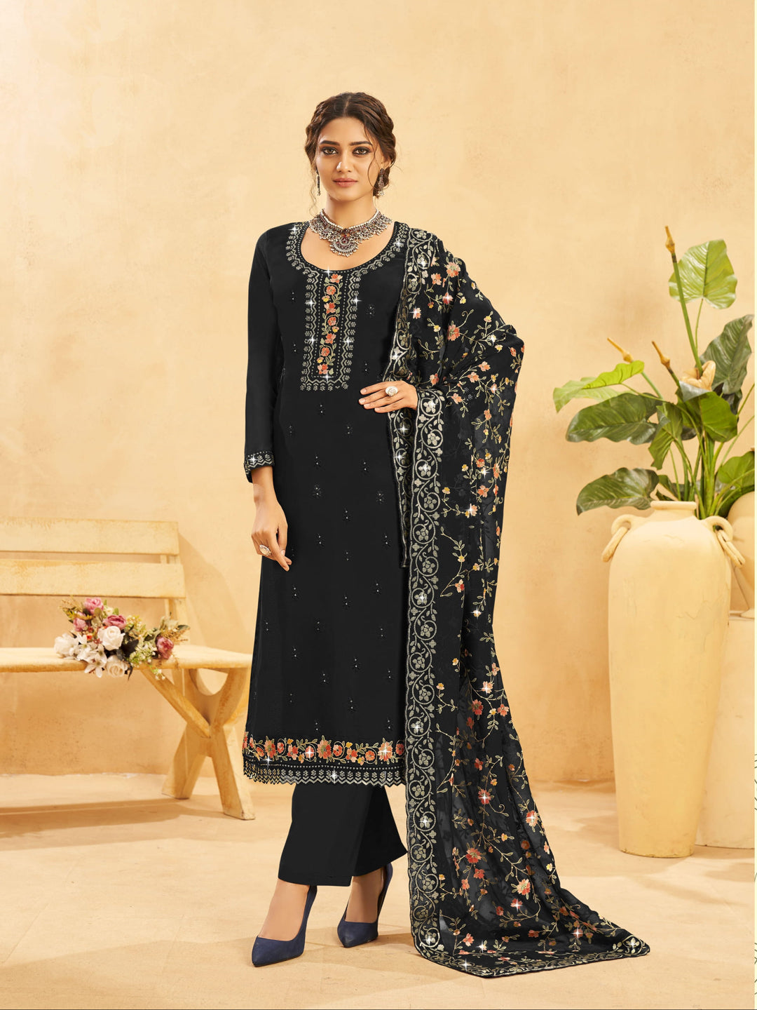 Elegant Black Designer Semi-Stitched Organza Palazzo Suit with Intricate Embroidery - Perfect for Weddings, Parties & Special Occasions