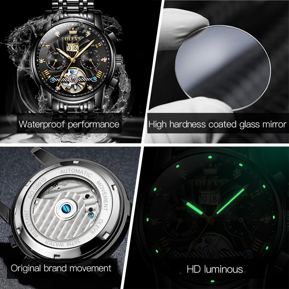 OLEVS Men's Automatic Mechanical Tourbillon Watch - Self Winding Luxury Stainless Steel Waterproof Wristwatch with Luminous Hands & Date Display | Perfect for Business, Formal Events & Everyday Wear