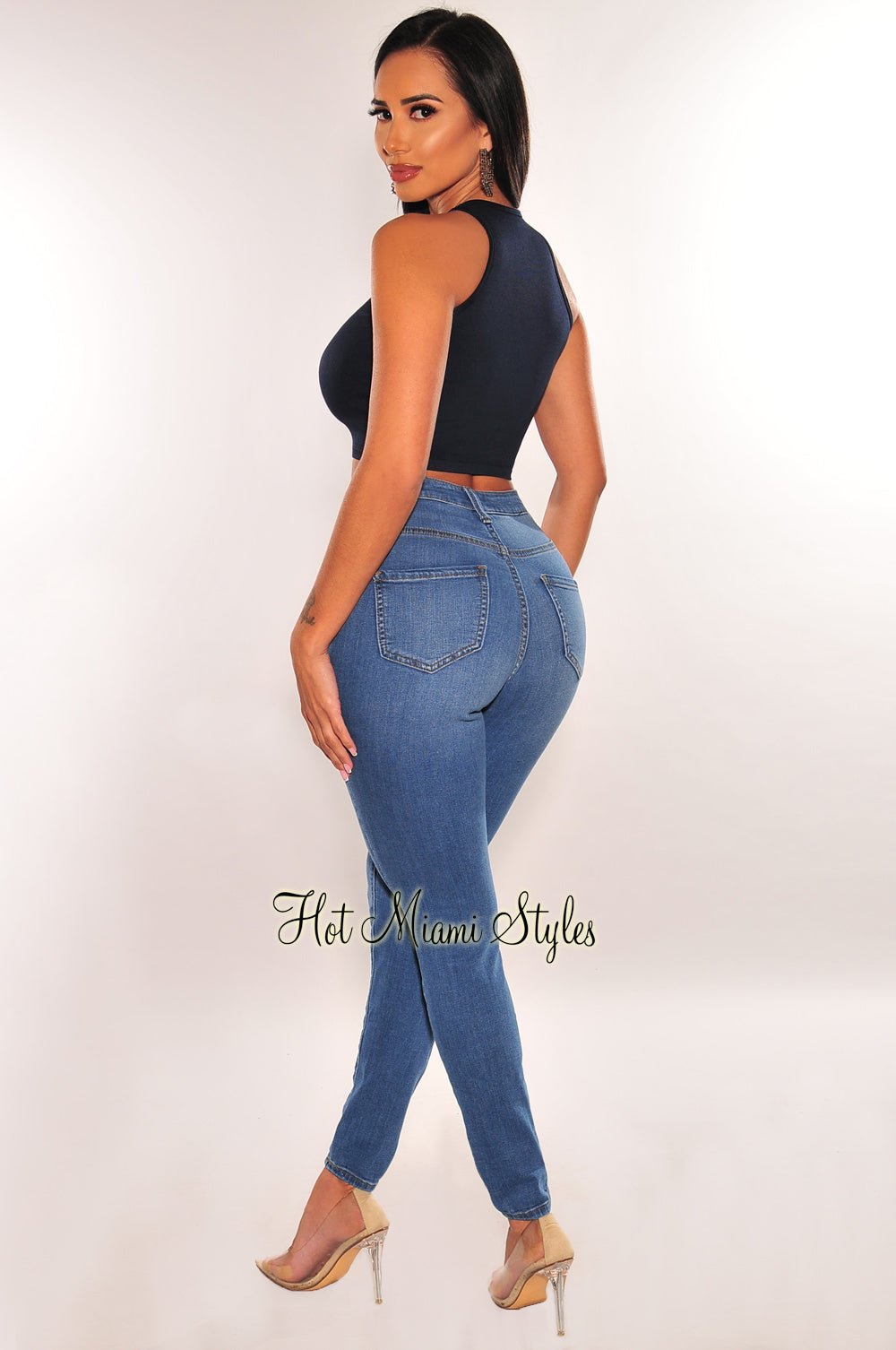 HMS ESSENTIAL: Navy Blue Ribbed Seamless Sleeveless Crop Top for Women - Perfect for Yoga, Workouts & Summer Fashion