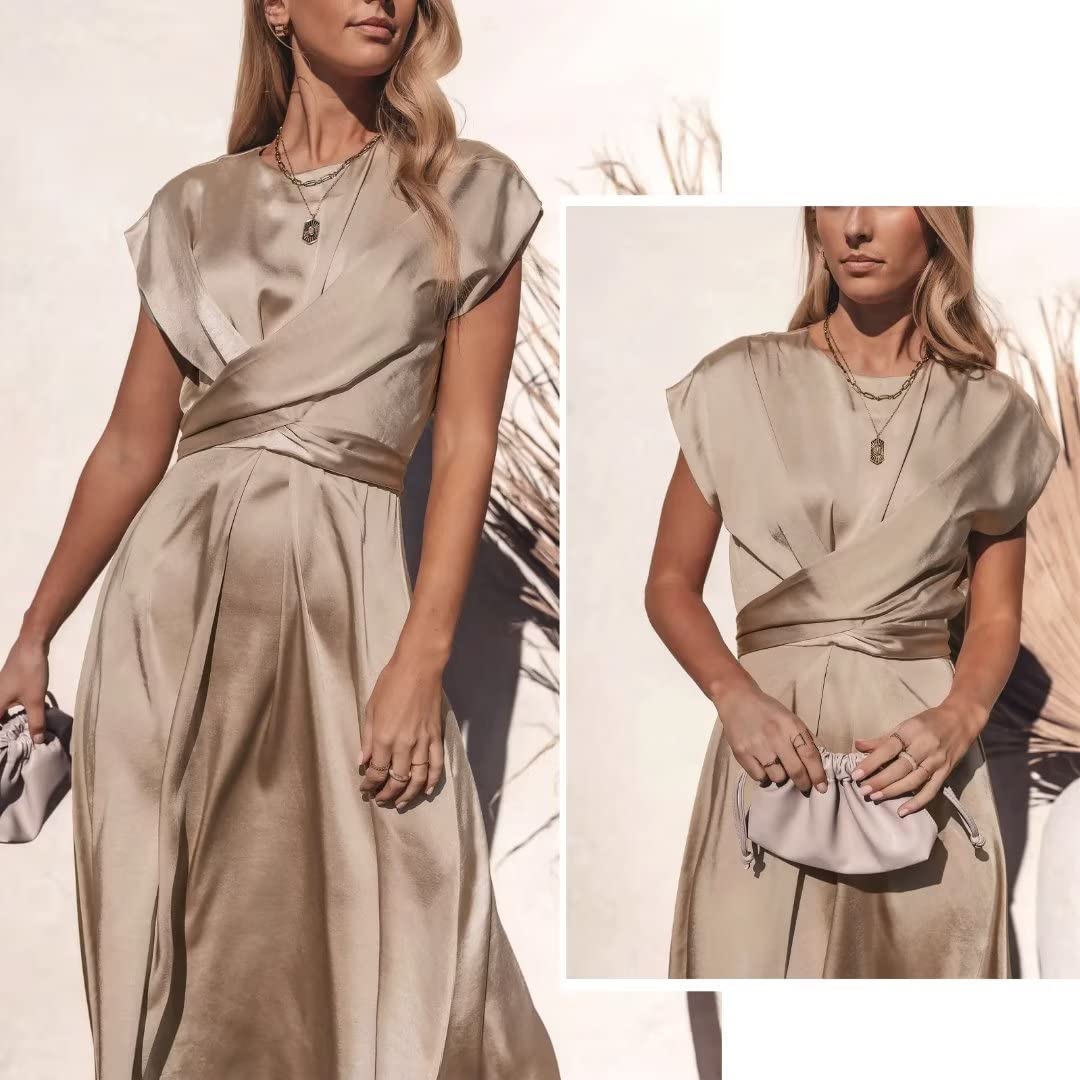 Elegant Satin Midi Dress for Women - 2025 Summer & Spring Wedding Guest Dress with Sleeve Tie Waist | Perfect for Garden Parties, Bridal Showers & Formal Occasions