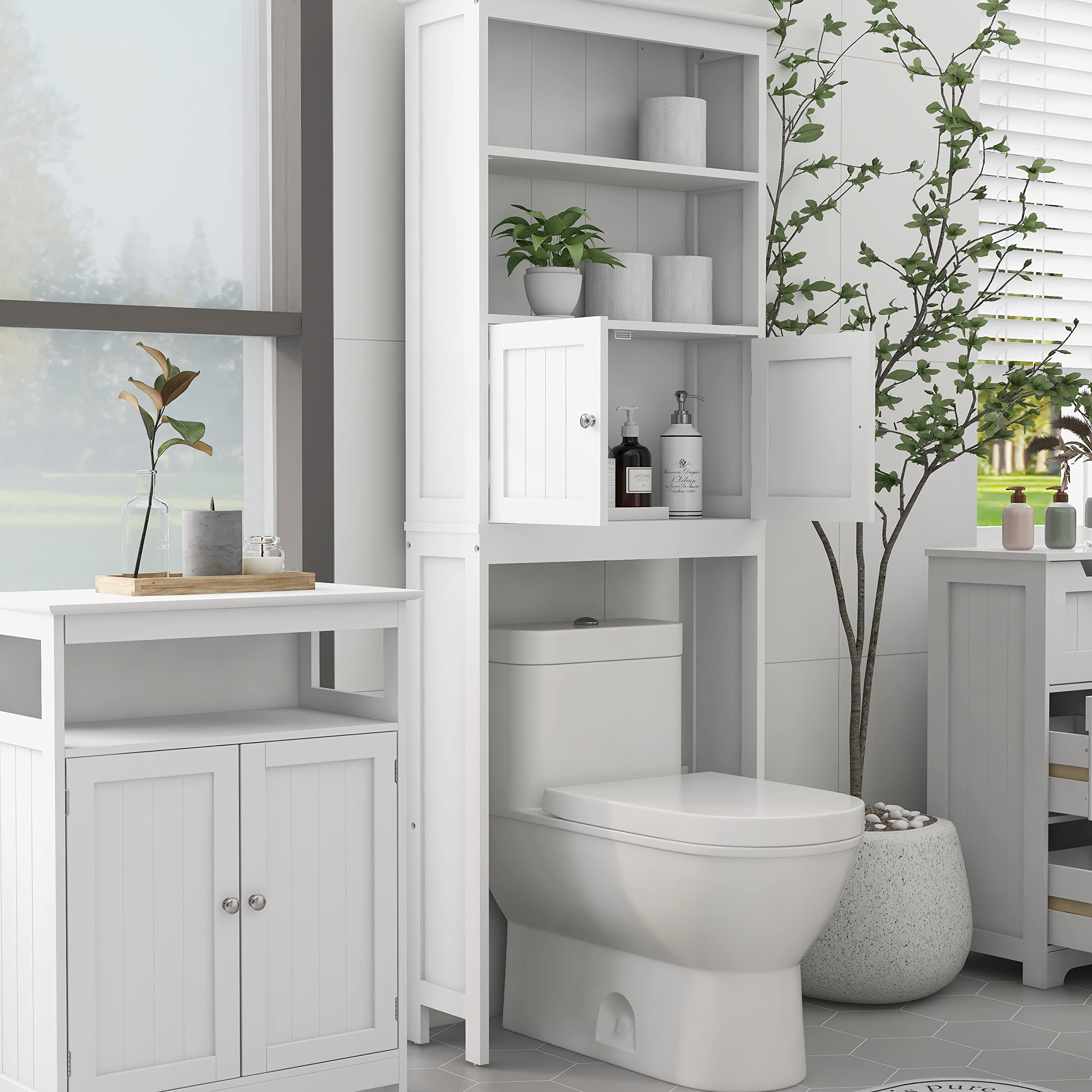 2-Tier Over The Toilet Storage Cabinet - White Wooden Bathroom Organizer with 2 Doors, Freestanding Space-Saving Shelf for Towels & Toiletries - Perfect for Small Bathrooms & Apartment Living