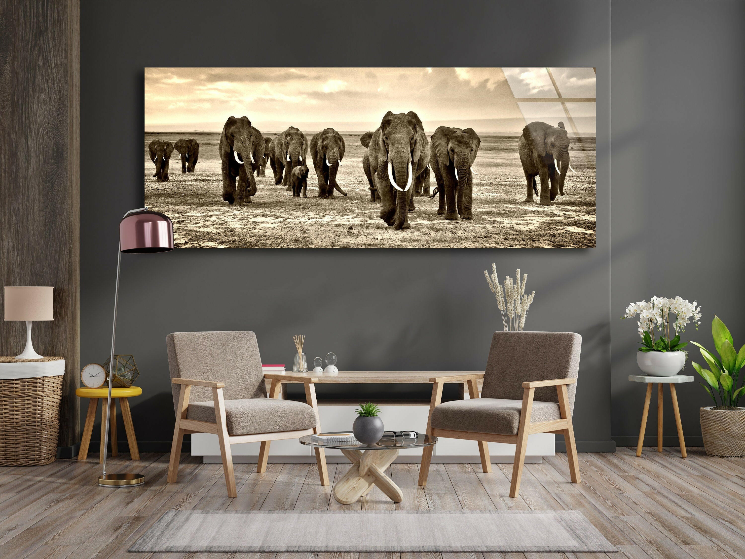 Stunning Black & White African Elephants Glass Wall Art - Elegant Home Decor for Living Room, Bedroom & Office - Perfect Gift for Wildlife Lovers