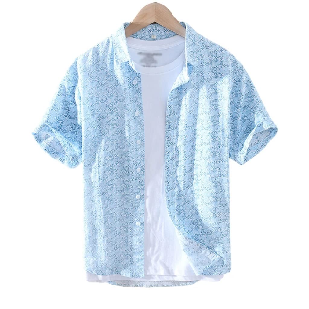Men's Summer Casual Shirts - Slim Fit Short Sleeve Cotton Linen Button Down Shirt with Turn-Down Collar, Breathable & Lightweight for Outdoor Activities, Beach Vacation & Daily Wear (Color A, Size L)