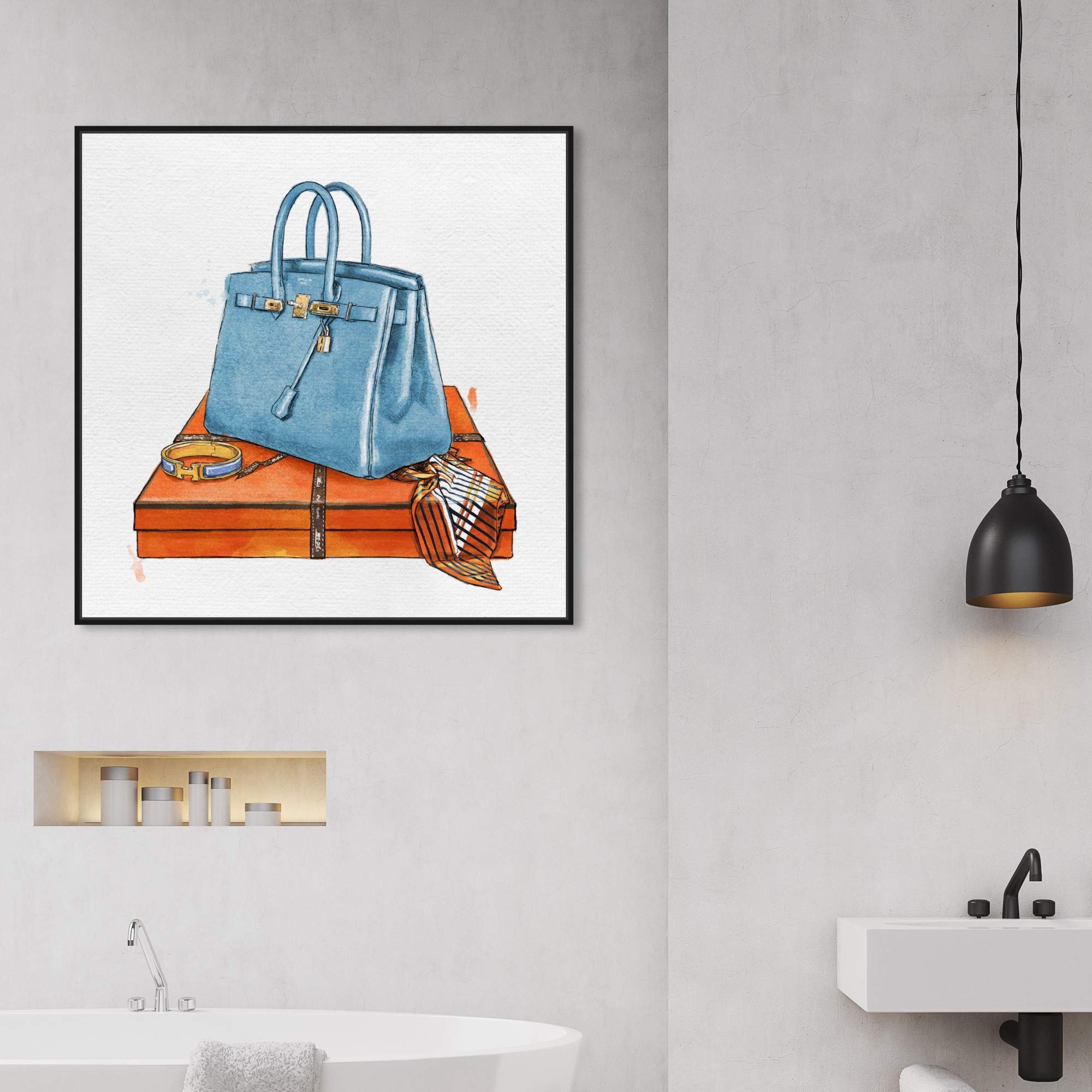 Oliver Gal Artist Co. 'My Bag Collection III' Fashion Wall Art - 30x30 Inch Framed Canvas Print in Blue & Orange - Handbag Decor for Living Room, Bedroom & Office