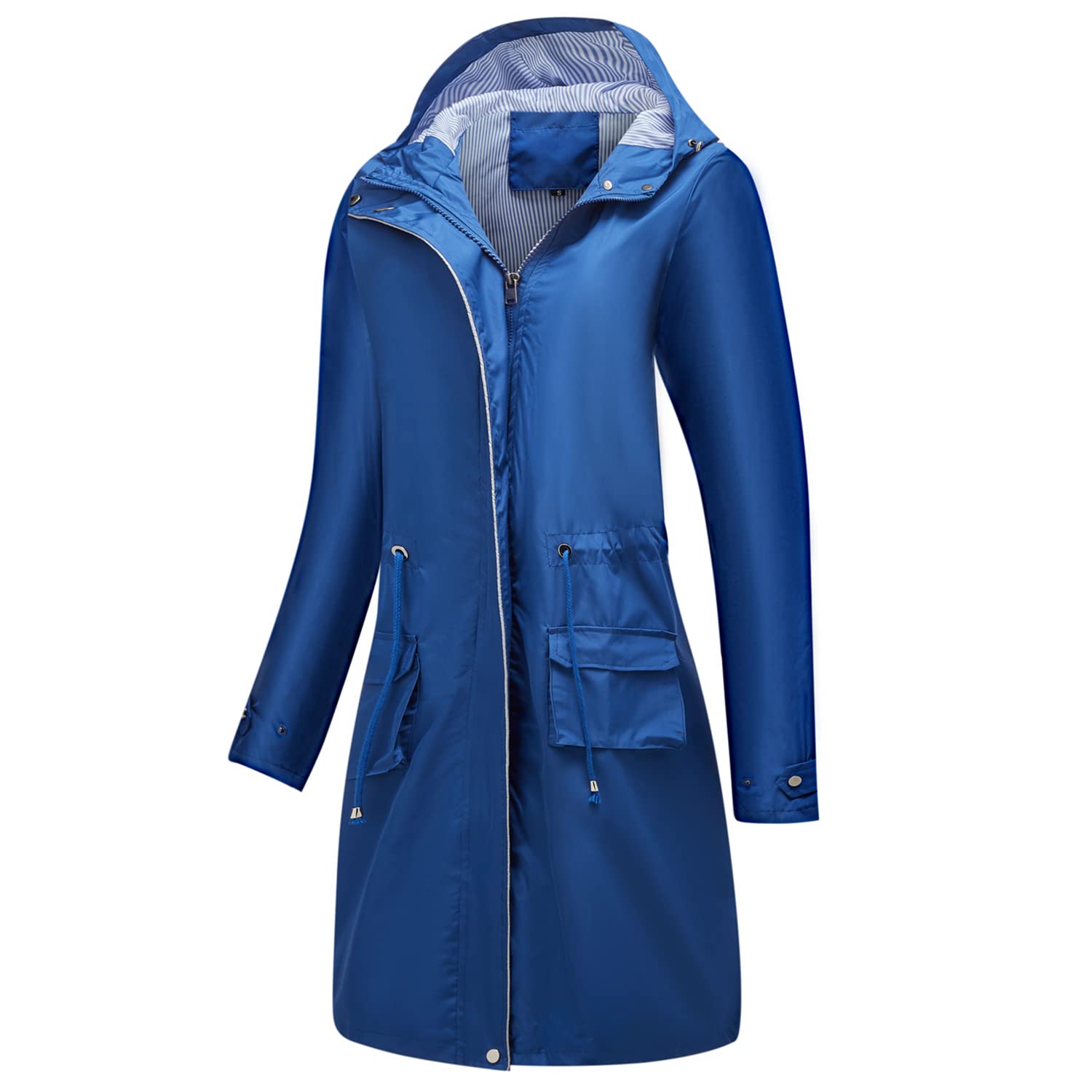 Women's Waterproof Hooded Rain Jacket - Long Midi Windbreaker with Full Zip & Pockets - Casual Outdoor Wear for Hiking, Commuting & Travel