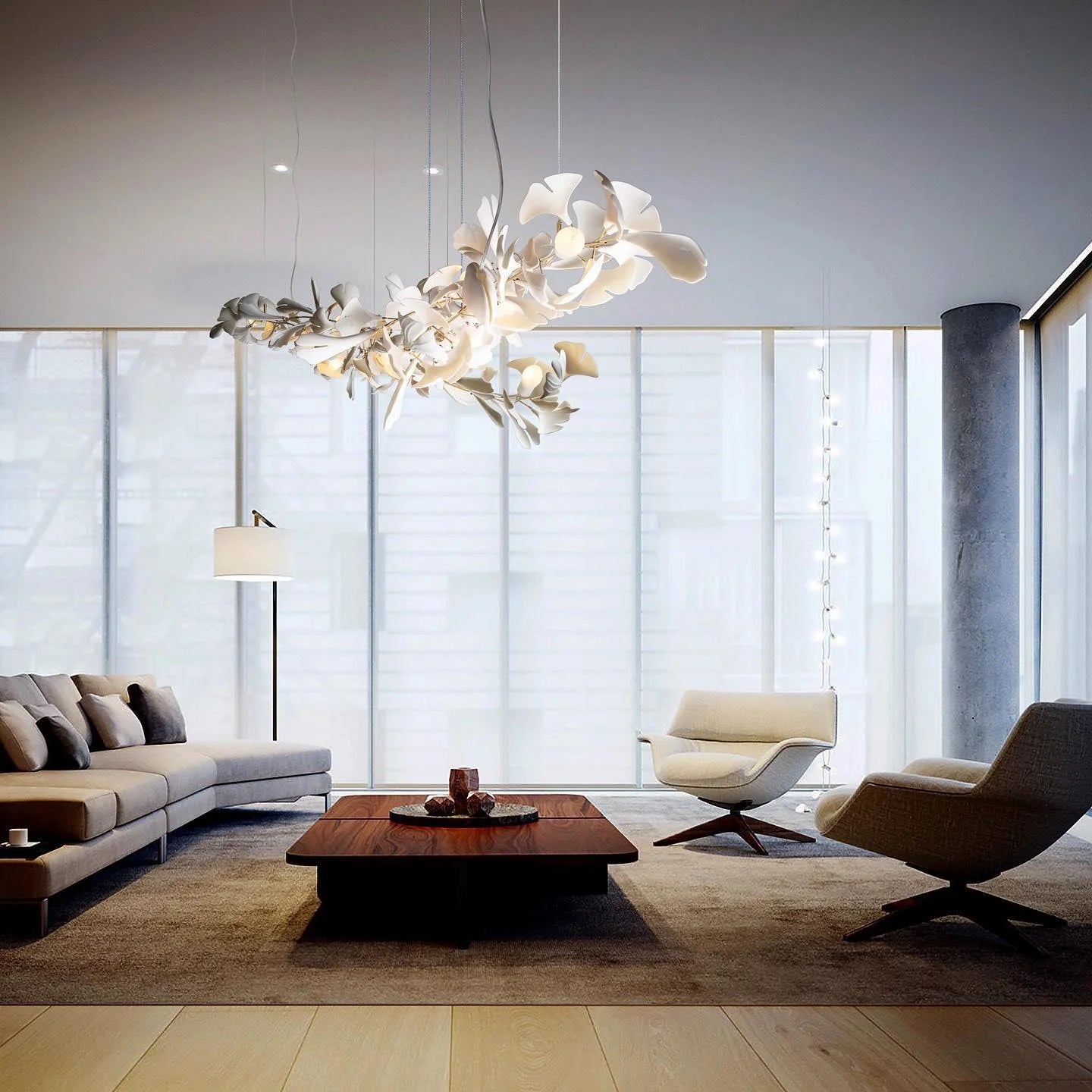 White Gingko Chandelier - Elegant Modern Lighting Fixture for Dining Room, Living Room & Bedroom Decor