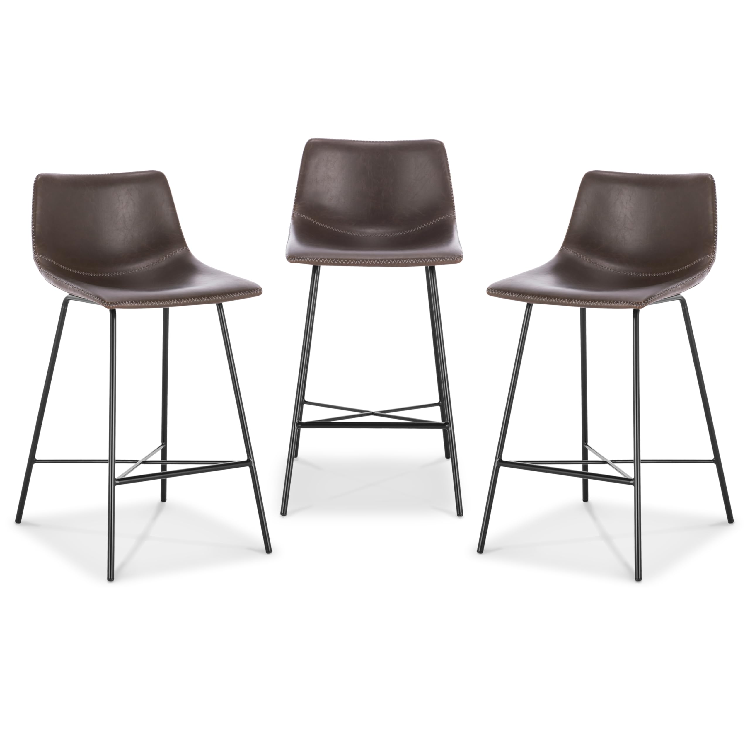 Poly and Bark 24-Inch Counter Height Bar Stools Set of 3 - Modern Kitchen Island Stools with Back Support - Comfortable Brown Bar Chairs for Kitchen, Dining & Breakfast Nook - Durable Countertop-High Stools for Home Decor - Perfect for Entertaining, Casual Dining & Small Spaces