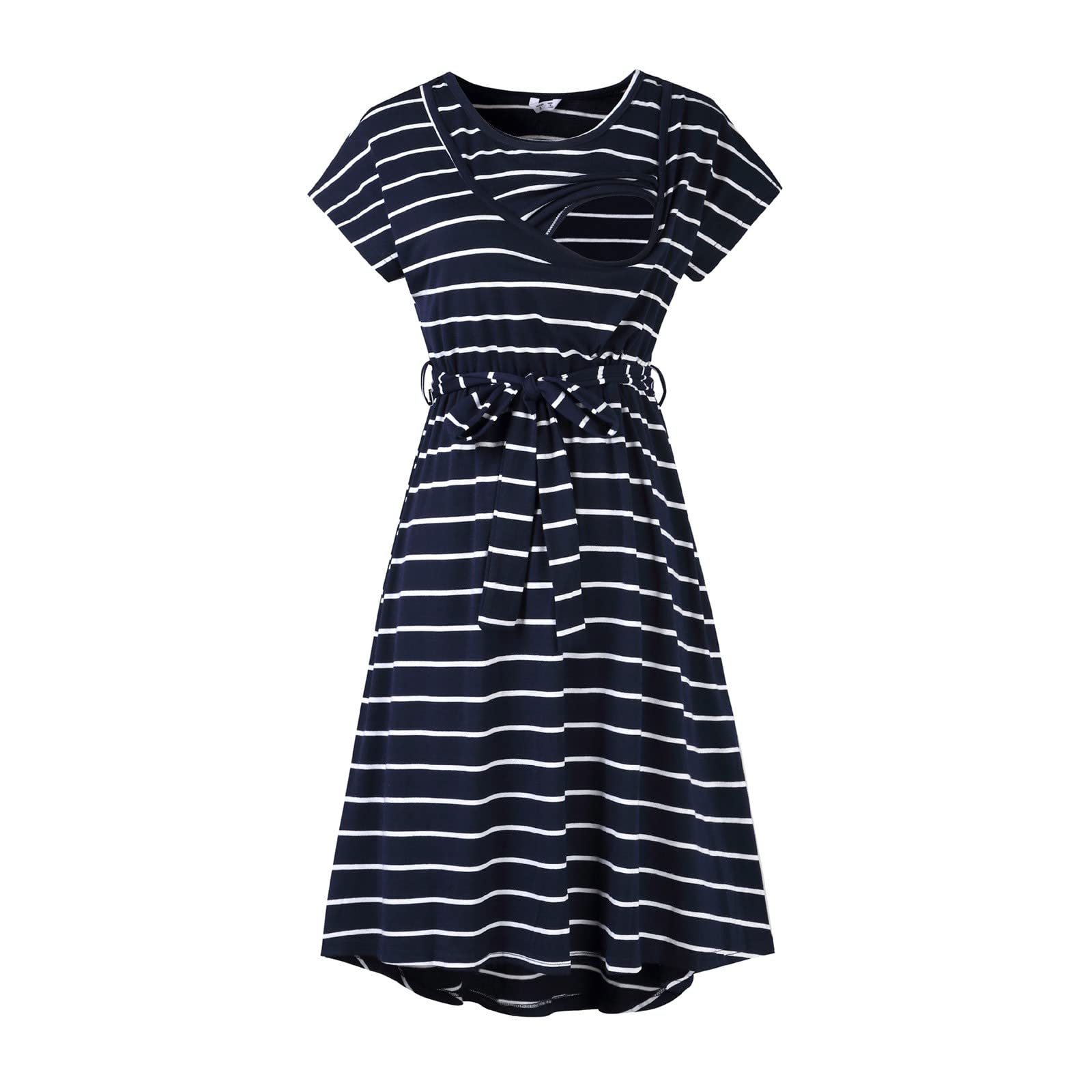Women's Maternity Summer Striped Nursing Dress - Short Sleeve Breastfeeding Top with Adjustable Belt | Perfect for Pregnancy, Nursing & Casual Wear | C10