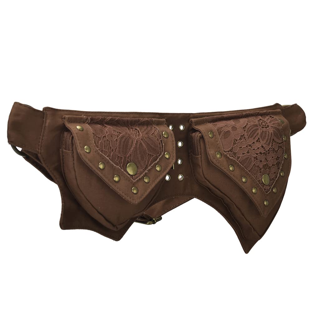 **KPYWZER Women's Cotton Fanny Pack - Lace Waist Bag for Renaissance Faire, Festival, Travel, Workout & Outdoor Activities - Brown Hip Belt Money Pouch for Daily Use**