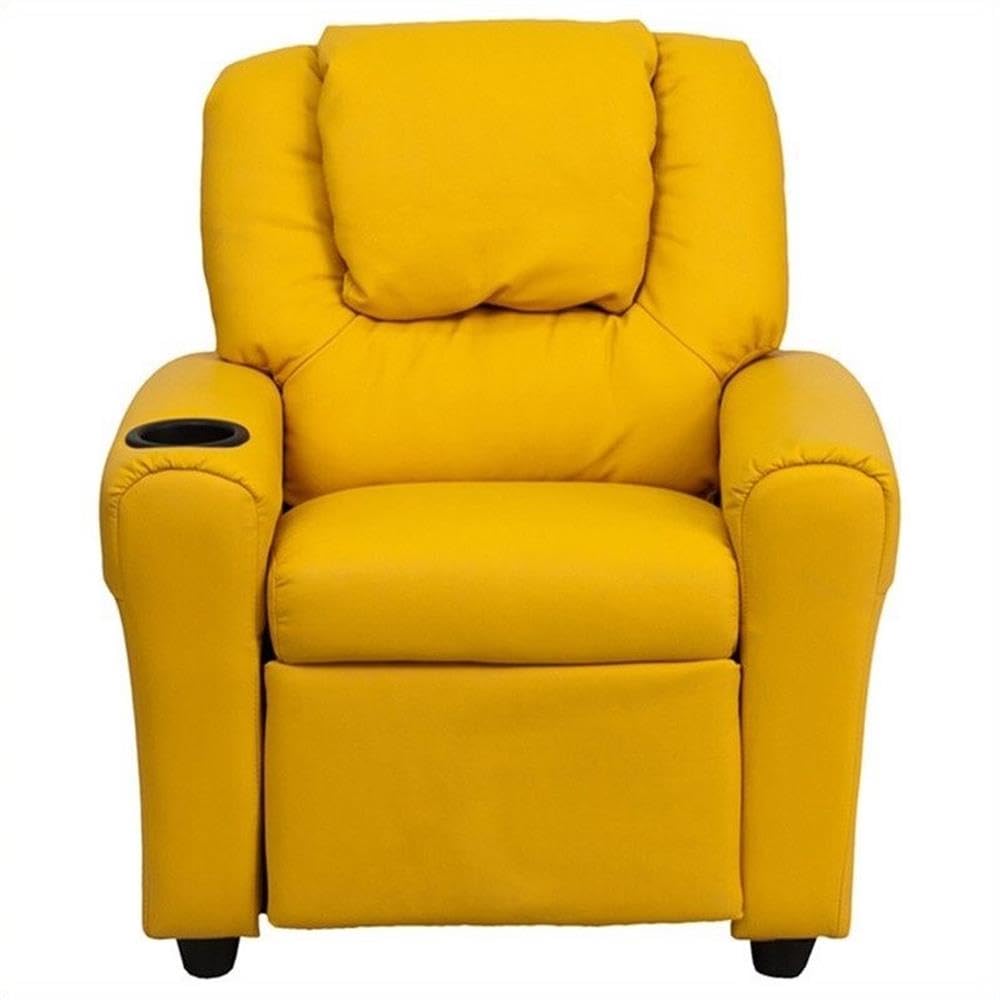 BOWERY HILL Modern Kids Recliner Chair with Cup Holder - Soft Vinyl Upholstery, Yellow - Perfect for Playrooms, Bedrooms & Movie Nights