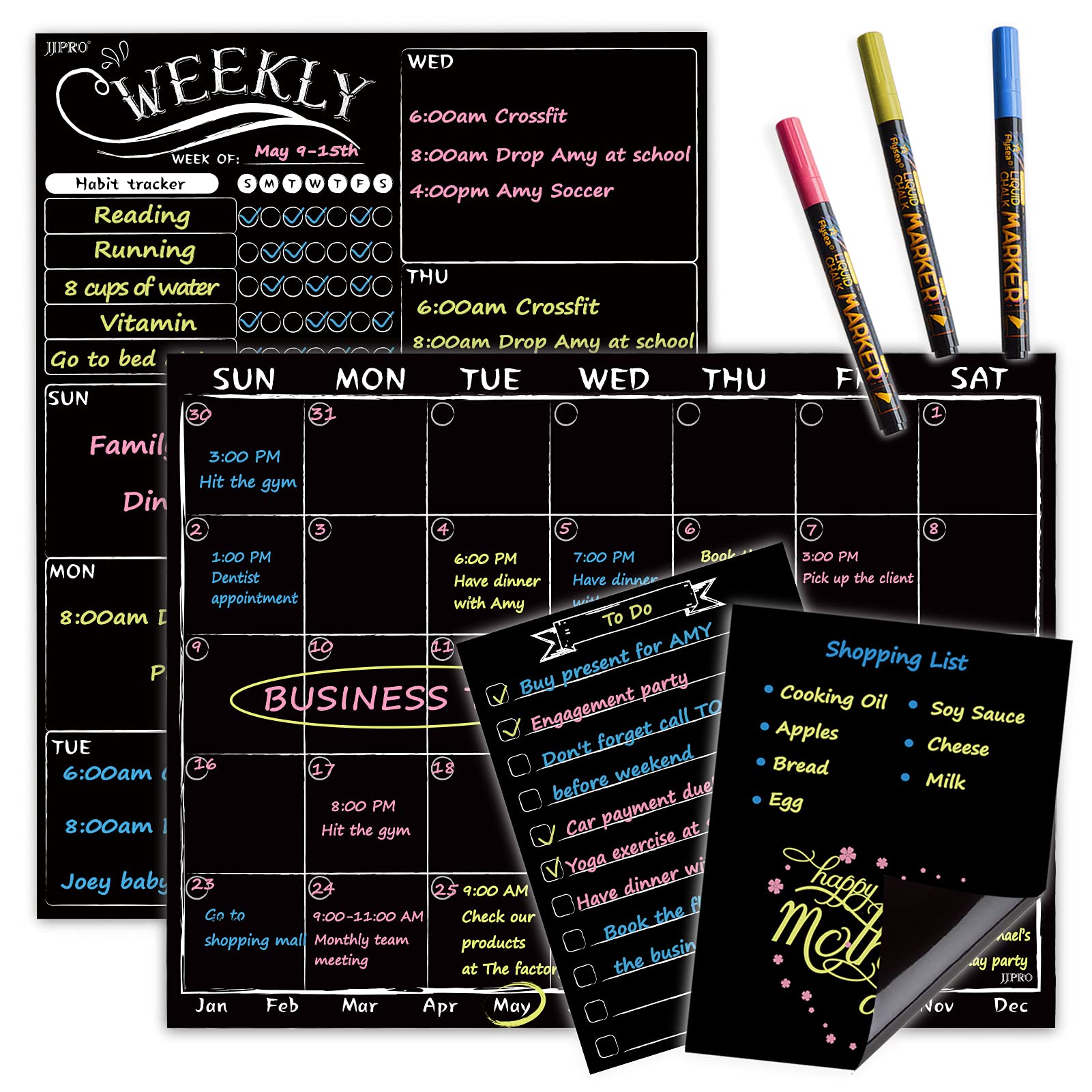 Magnetic Chalkboard Monthly Calendar Set - Weekly Planner & Refrigerator Blackboard with Neon Liquid Chalk Markers - Includes Bonus Grocery List Notepad for Kitchen Organization & Home Office Planning