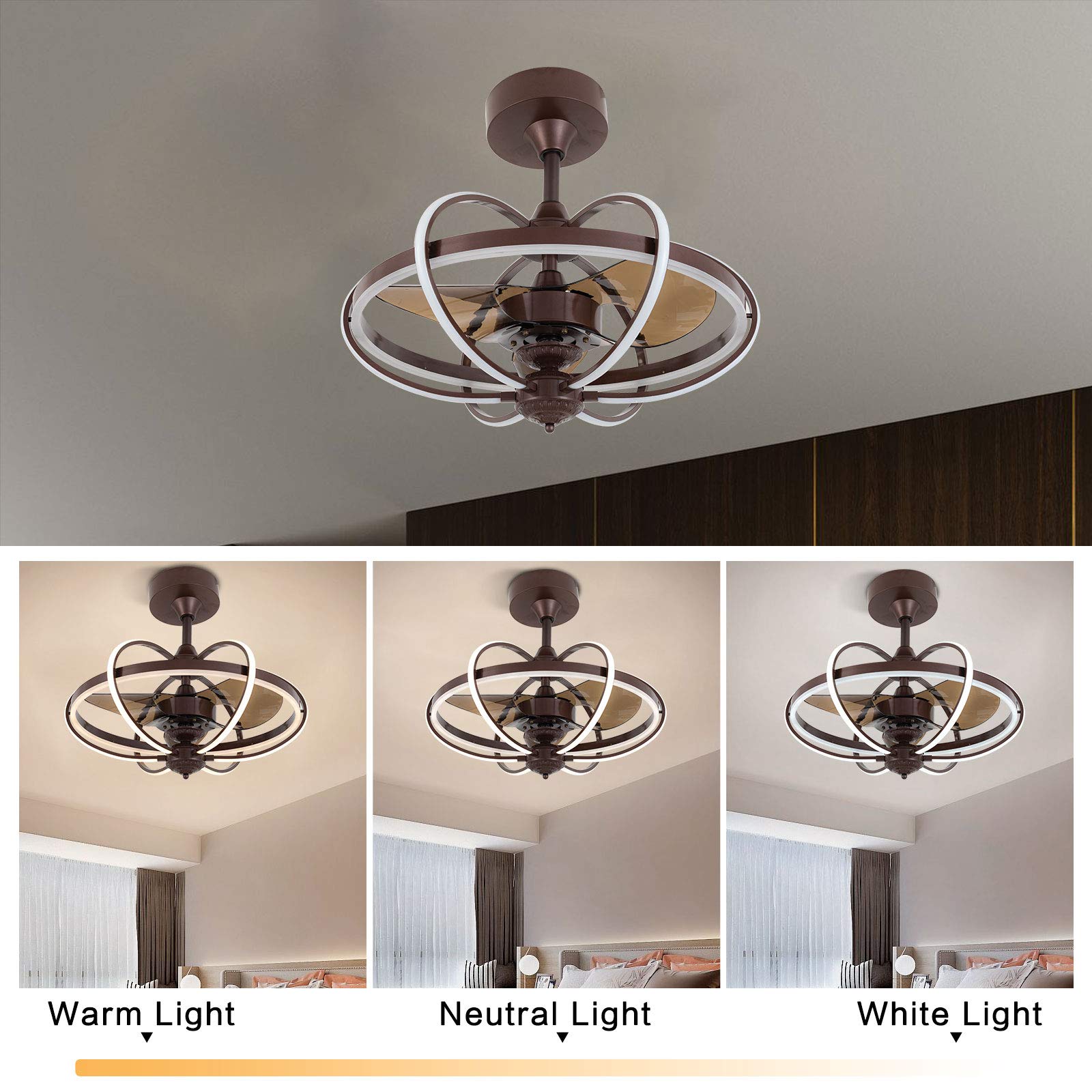 23 Inch LED Ceiling Fan with Lights - Modern Acrylic Hanging Chandelier Fan, 3 Speed Settings & Color Changing, Perfect for Bedroom, Living Room & Dining Room (Coffee Color) - Energy Efficient Cooling & Stylish Lighting Solution