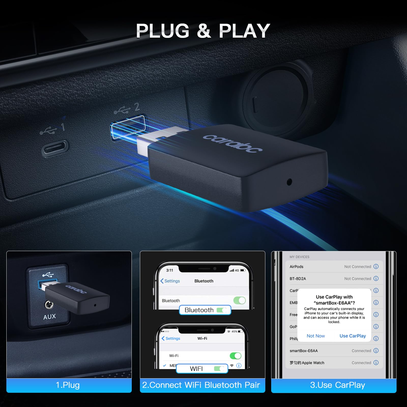 Wireless CarPlay Adapter for iPhone - Convert Wired to Wireless CarPlay Dongle with Low Latency | Plug & Play USB/USB-C Compatible | Perfect for Commuting, Road Trips & Hands-Free Driving (Black)