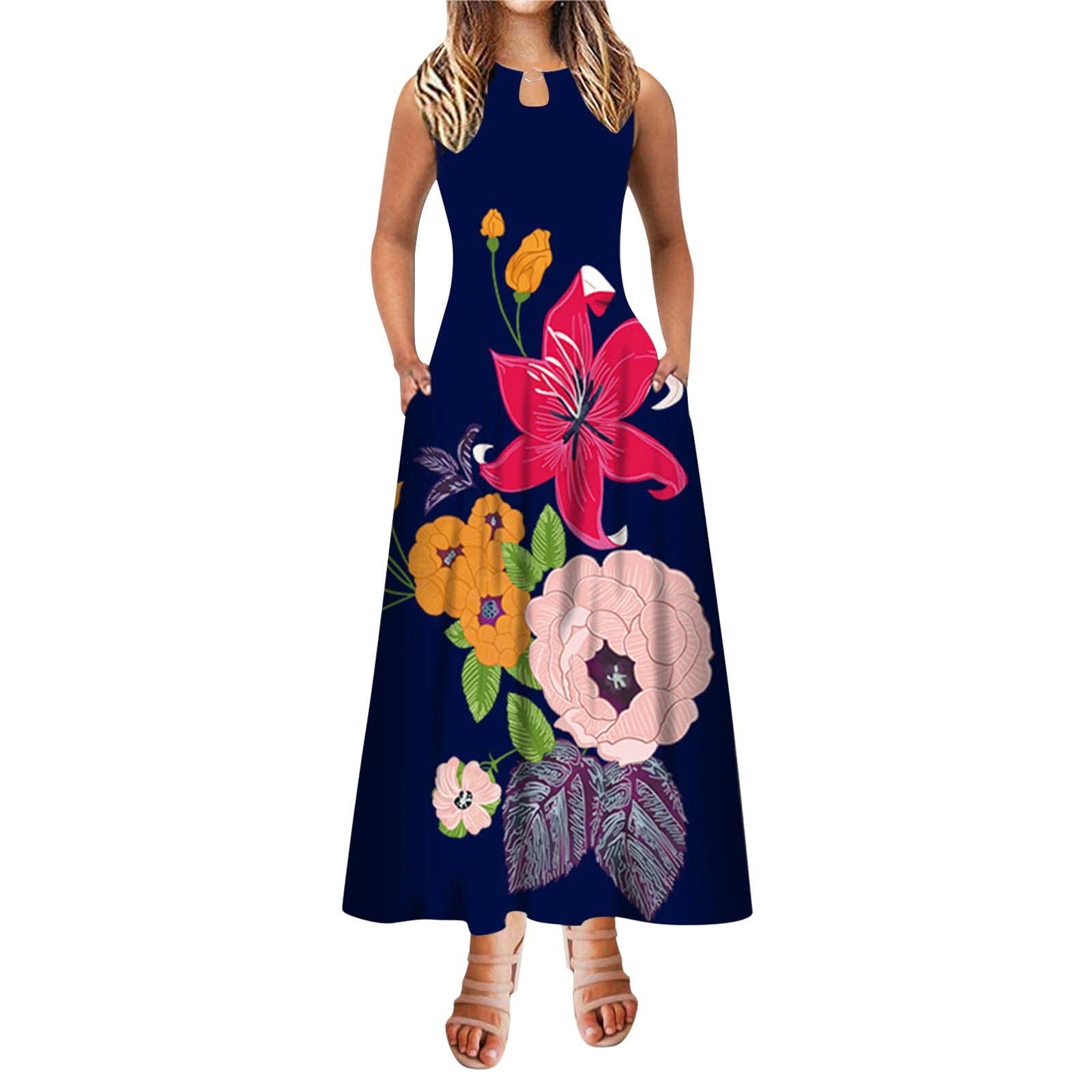 Women's Floral Print A-Line Maxi Dress - Sleeveless Summer Long Dress with Pockets & Round Neck | Perfect for Beach Vacations, Garden Parties & Casual Outings
