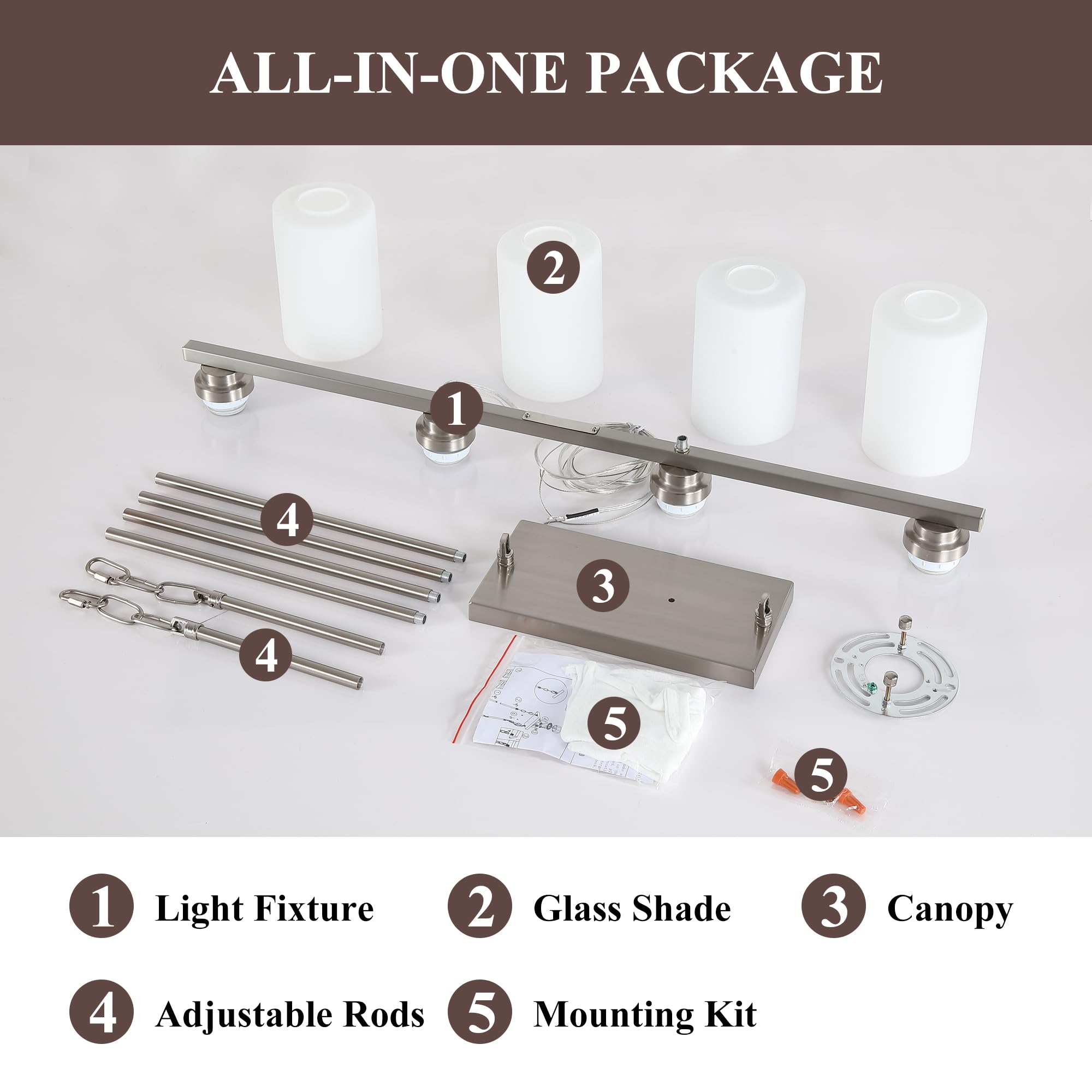 Brushed Nickel 4-Light Linear Chandelier Pendant Lighting with Milk Glass Shade - Modern Island Light Fixture for Kitchen, Dining Room & Living Room - Perfect Over Table, Kitchen Island & Dining Table Areas