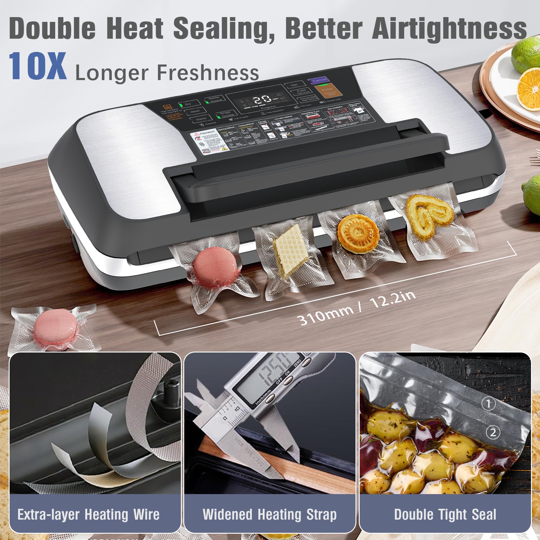 12-in-1 Food Vacuum Sealer Machine with Easy Lock Handle & Built-in Cutter | Double Heat Seal Technology | Includes 1 Roll & 10 Pre-cut Bags | Perfect for Meal Prep, Sous Vide, Food Storage & Freezing