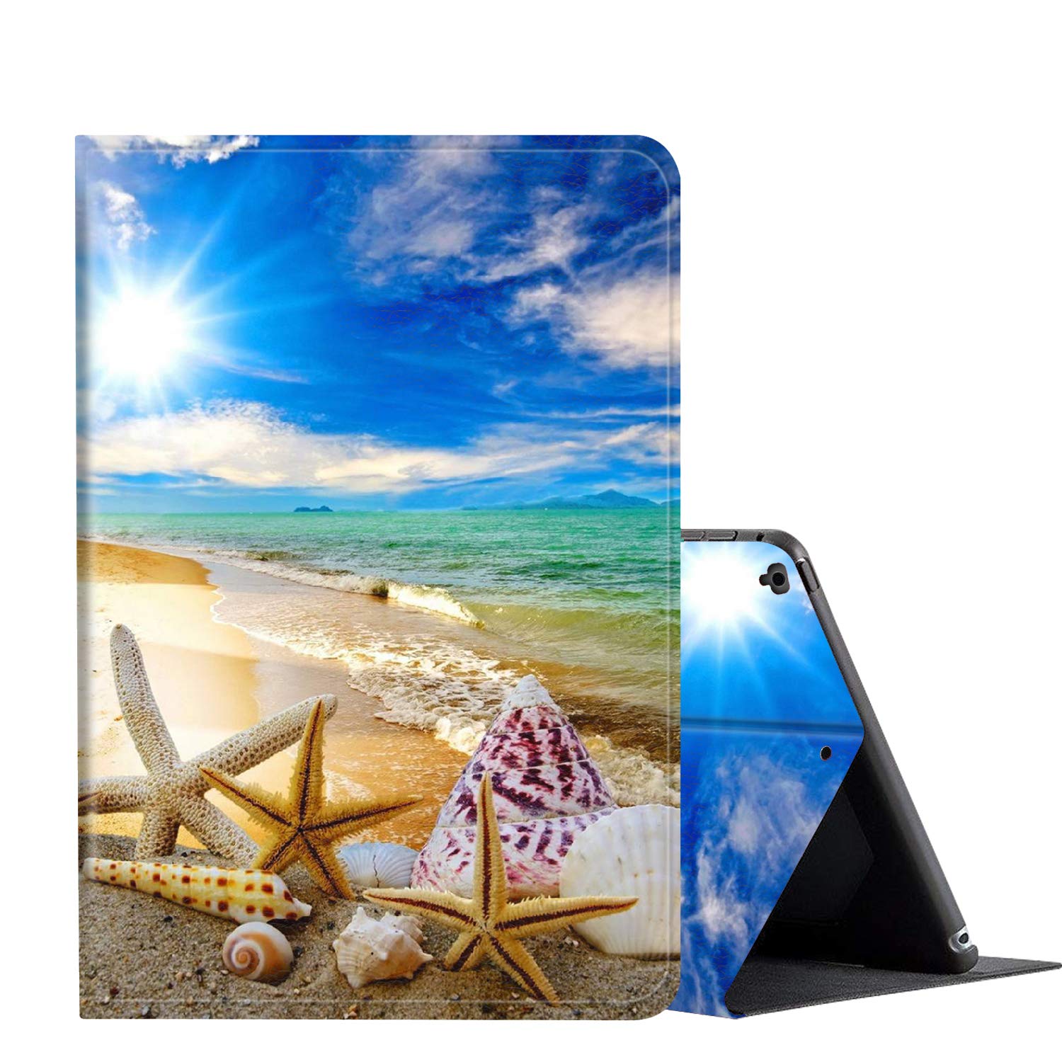 Amook Adjustable Non-Slip Folio Stand Case for iPad 9.7 inch (6th/5th Generation & iPad Air 1/2) - Auto Wake/Sleep Smart Cover with Beautiful Beach Seashells Design - Perfect for Work, Travel, and Home Use