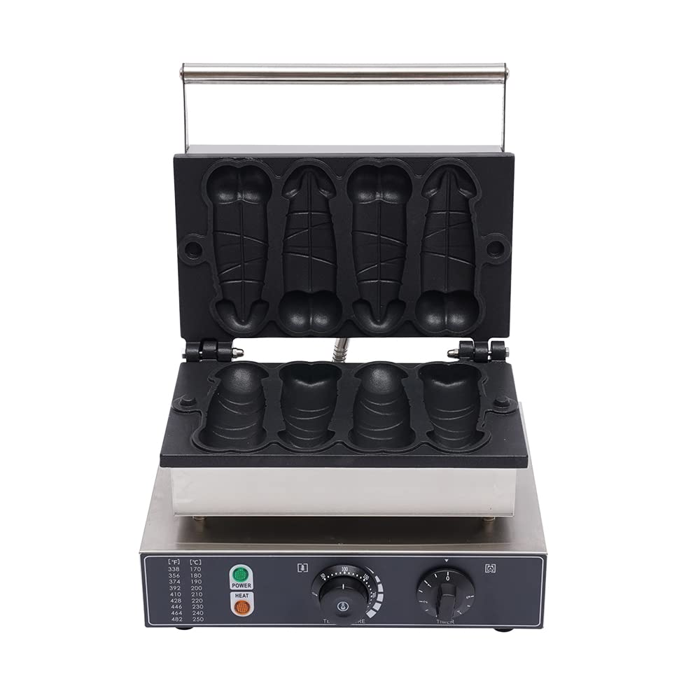 LoyalHeartDY 4-Piece Penis-Shaped Waffle Maker - 1600W Commercial Electric Waffle Machine with Non-Stick Coating (110V) - Perfect for Bakeries, Restaurants & Adult-Themed Parties - Silver & Black Hot Dog Baker for Unique Breakfast & Dessert Creations