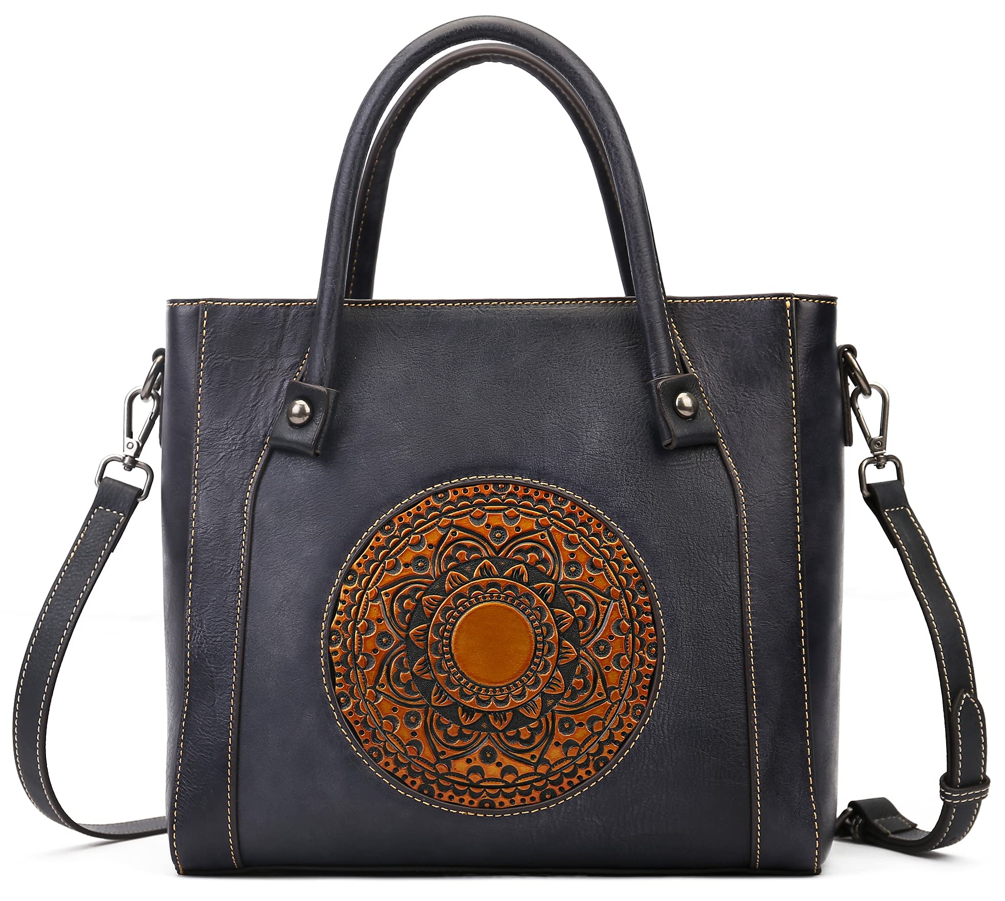 Genuine Leather Handbag for Women - Retro Embossed Mandala Designer Purse, Handmade Italian Leather Tote Bag with Organizer | Perfect for Work, Travel & Everyday Use