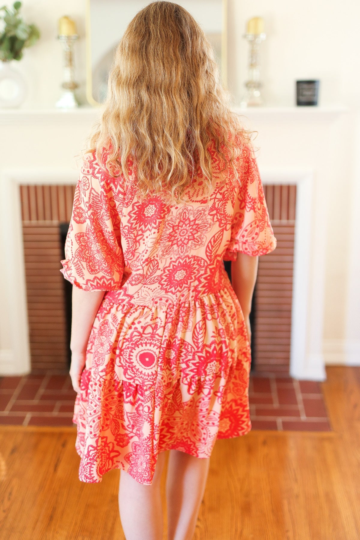 Stylish Peach & Coral Boho Floral V-Neck Dress for Women | Summer Beach Wedding, Vacation & Party Outfit