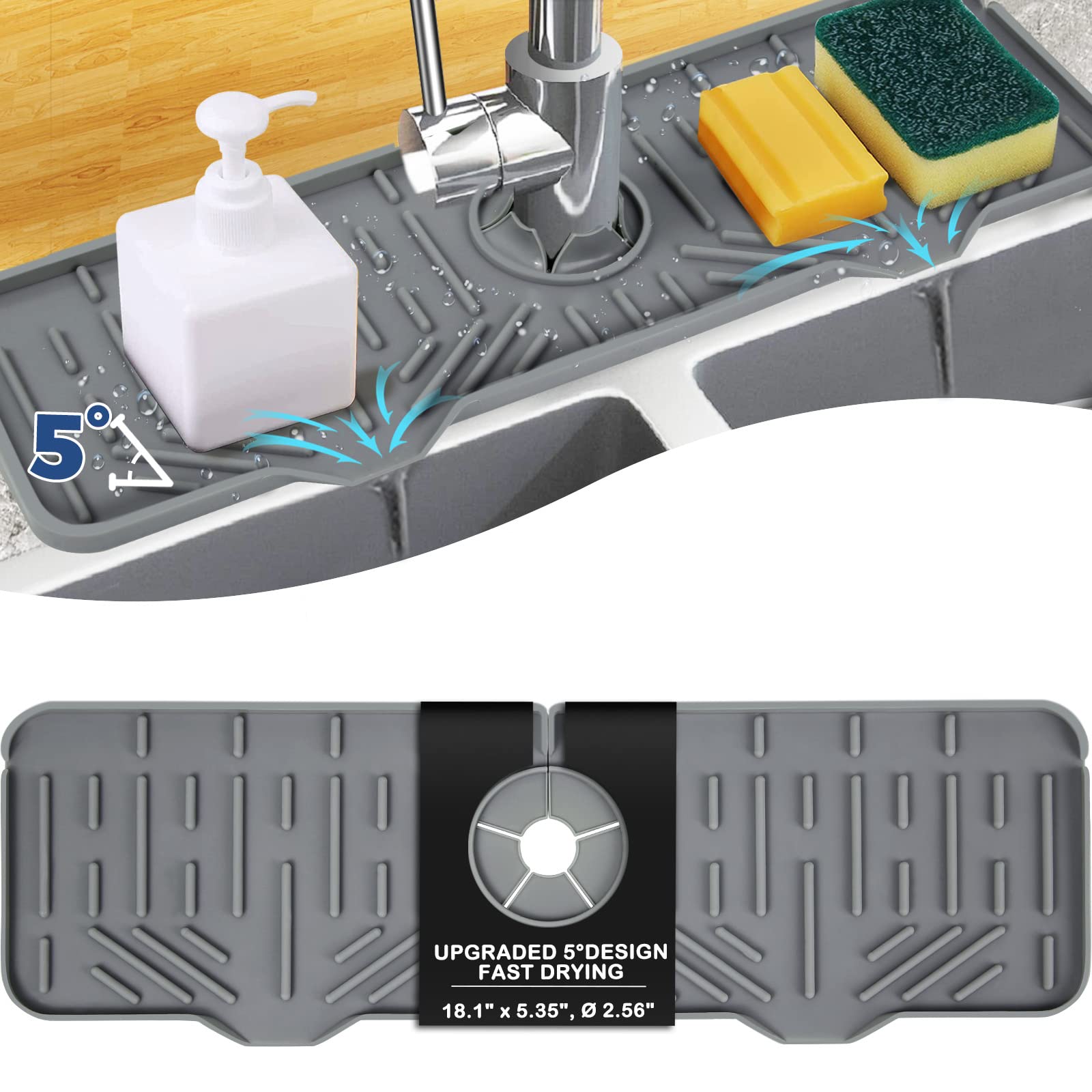 Non-Slip Silicone Sink Splash Guard & Drip Catcher Tray - Kitchen Faucet Protector with Dish Sponge Holder | Water Saving Home Organization Accessories for Kitchen Sink (Perfect for Preventing Water Spills & Keeping Countertops Dry)
