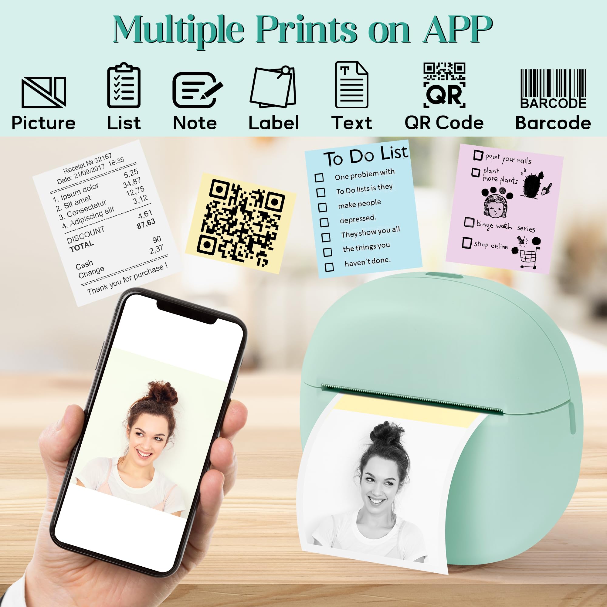Mini Thermal Sticker Printer - Portable Bluetooth Photo Printer for iOS & Android | Wireless Label Maker with 5 Sticker Rolls | Inkless Pocket Printer for Notes, Memos & Receipts | Perfect for Home, Office & Small Business Organization (Green)