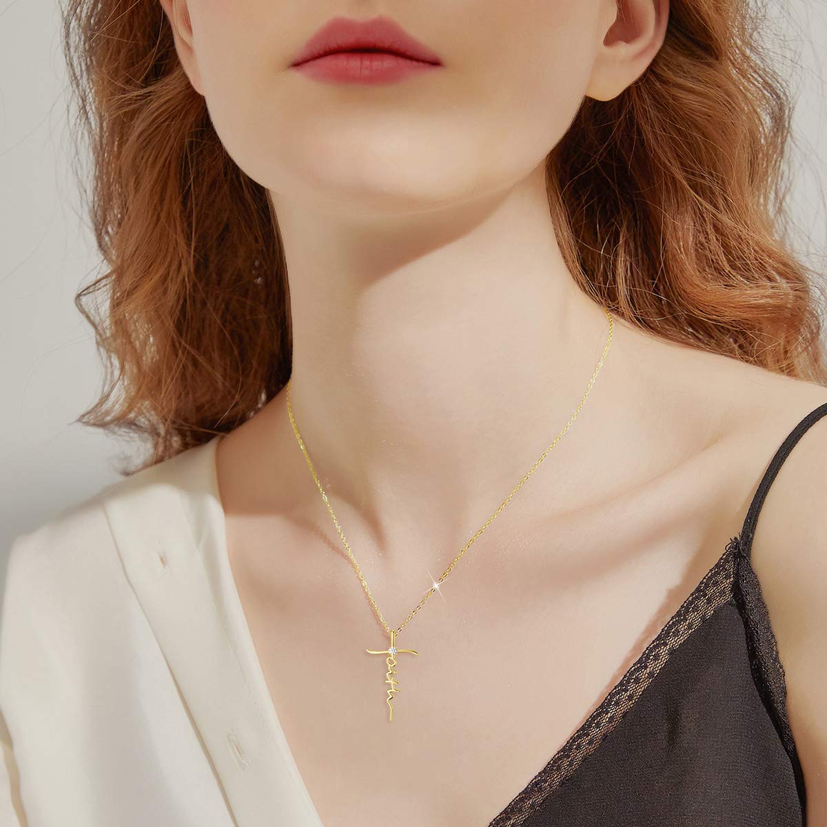 14K Gold Faith Cross Necklace for Women - Moissanite Religious Pendant with 16+2 Inch Chain - Hope Believe Jewelry Gift for Mom, Wife, Anniversary, Birthday & Mother's Day - Perfect for Church, Weddings & Special Occasions