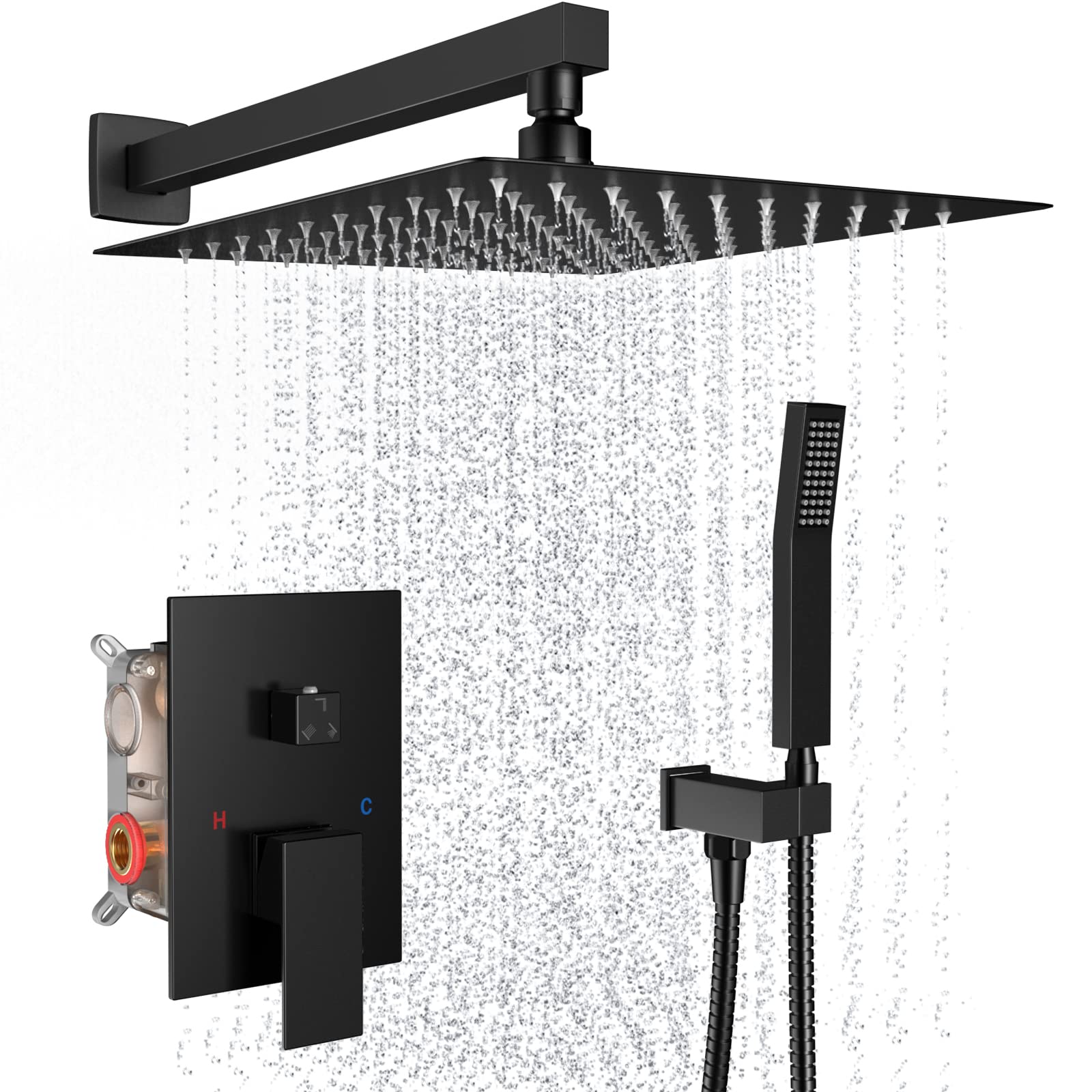 10 Inch Luxury Matte Black Wall Mounted Shower System - Rainfall Shower Head & Handheld Spray Combo Set with Rough-in Valve & Trim - Perfect for Modern Bathroom & Spa Experience