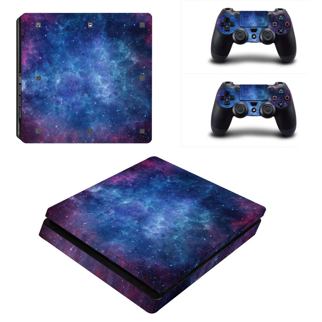PS4 Slim Skin Cover - Chickw1 Vinyl Protective Decal Sticker for Playstation 4 Slim Console + 2 Dualshock Controllers + 10 Thumb Grips + 2 Random Light Bars (Blue Stars) - Perfect for Gaming Protection & Customization