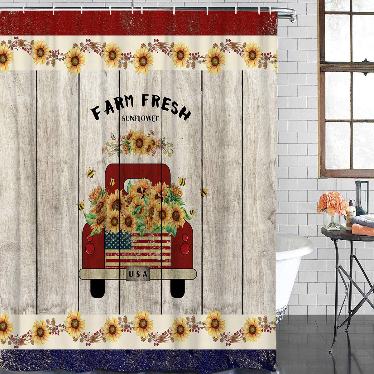 ALAGEO Red Truck Shower Curtain - Waterproof Polyester Fabric with Retro Farm Design, Sunflower & USA Flag (36x72 inches) - Bathroom Decor Set with Hooks for Showers and Bathtubs - Perfect for Farmhouse, Rustic or Patriotic Bathroom Themes