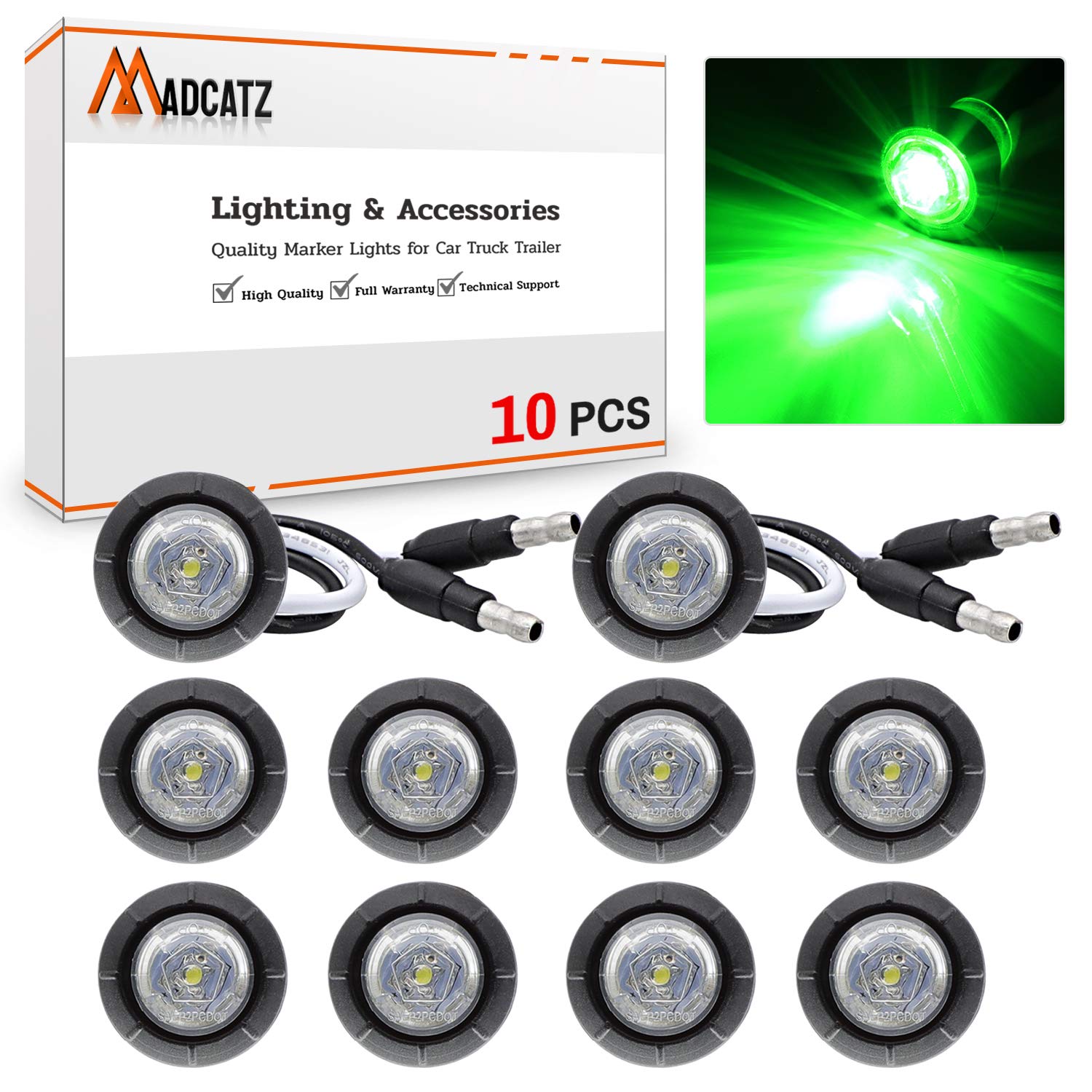10 Pack MADCATZ 3/4 Inch Round Clear Lens Green LED Side Marker Lights - 12V DC Waterproof Clearance Lamps for Trucks, Trailers & Buses - Easy Installation with Grommets & Plugs - Perfect for Night Driving Safety & Vehicle Visibility