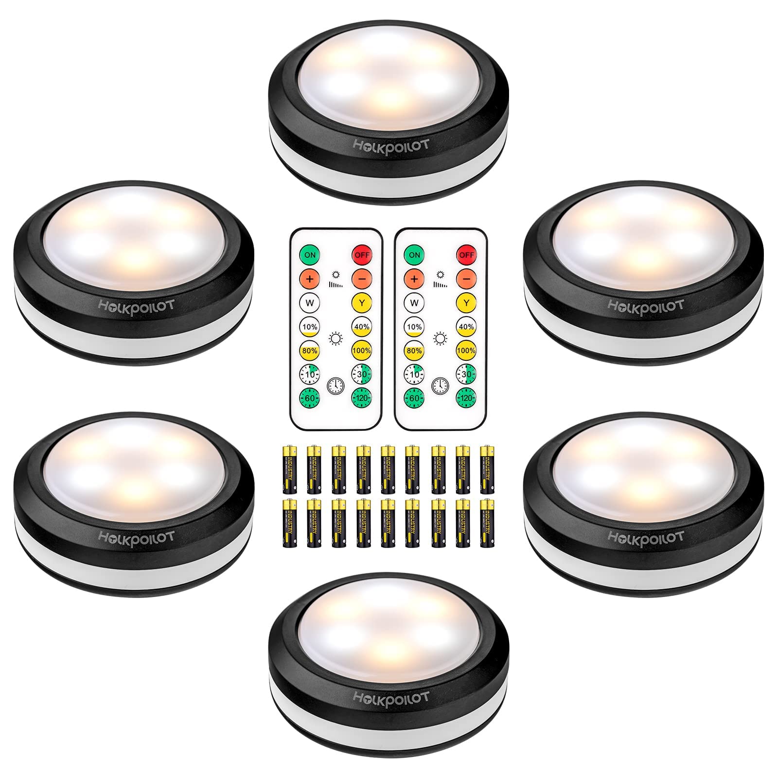 HOLKPOILOT 6-Pack Battery-Operated LED Puck Lights with Remote Control - Under Cabinet Lighting, Closet Light, Night Light for Kitchen, Bedroom, Nursery & Staircase (Includes 18 Batteries)