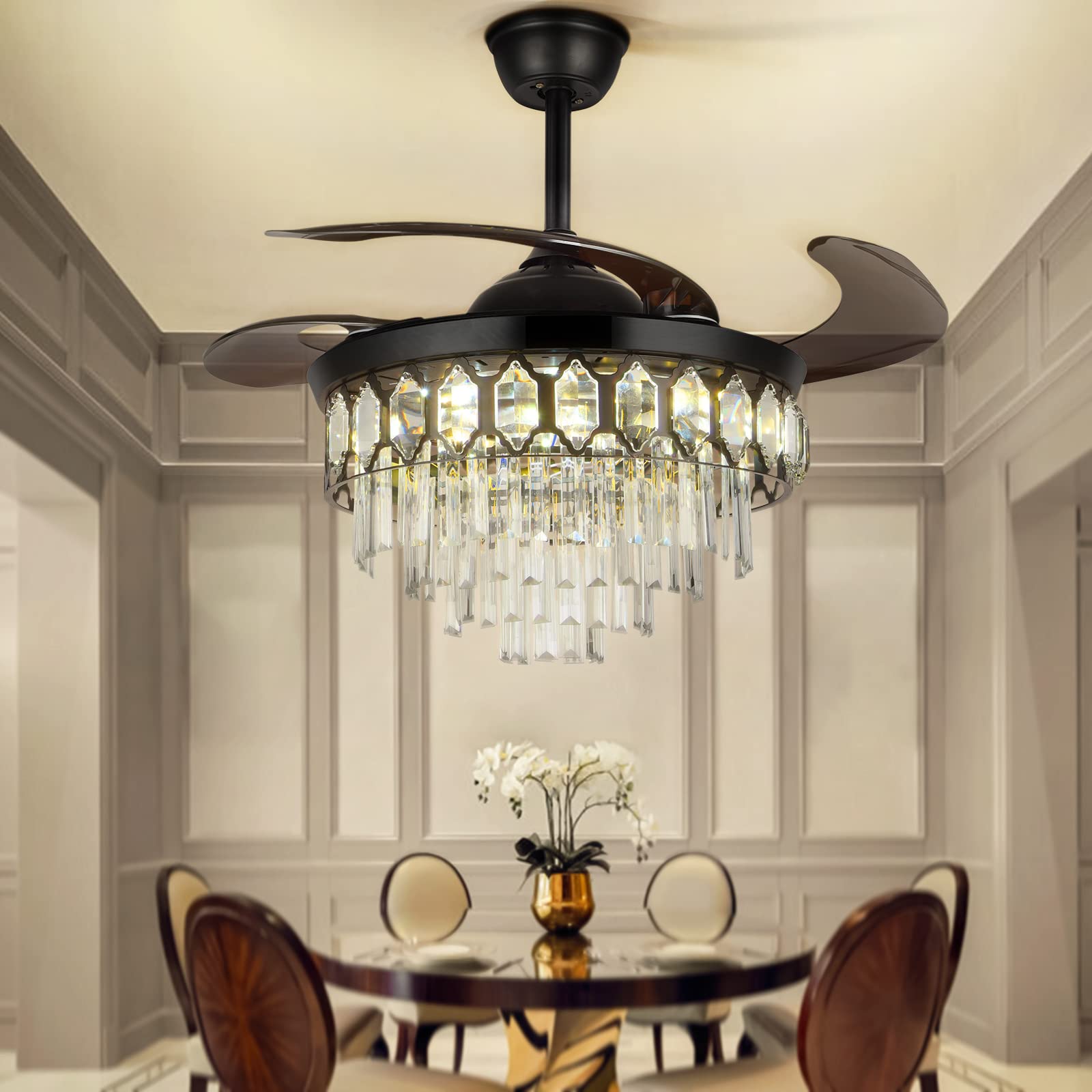 42 Inch Retractable Ceiling Fan with Remote Control - 3 Color LED Lights, 3 Speed Settings, Ultra Quiet Invisible Blades - Crystal Chandelier Design for Bedroom, Dining Room & Living Room Lighting