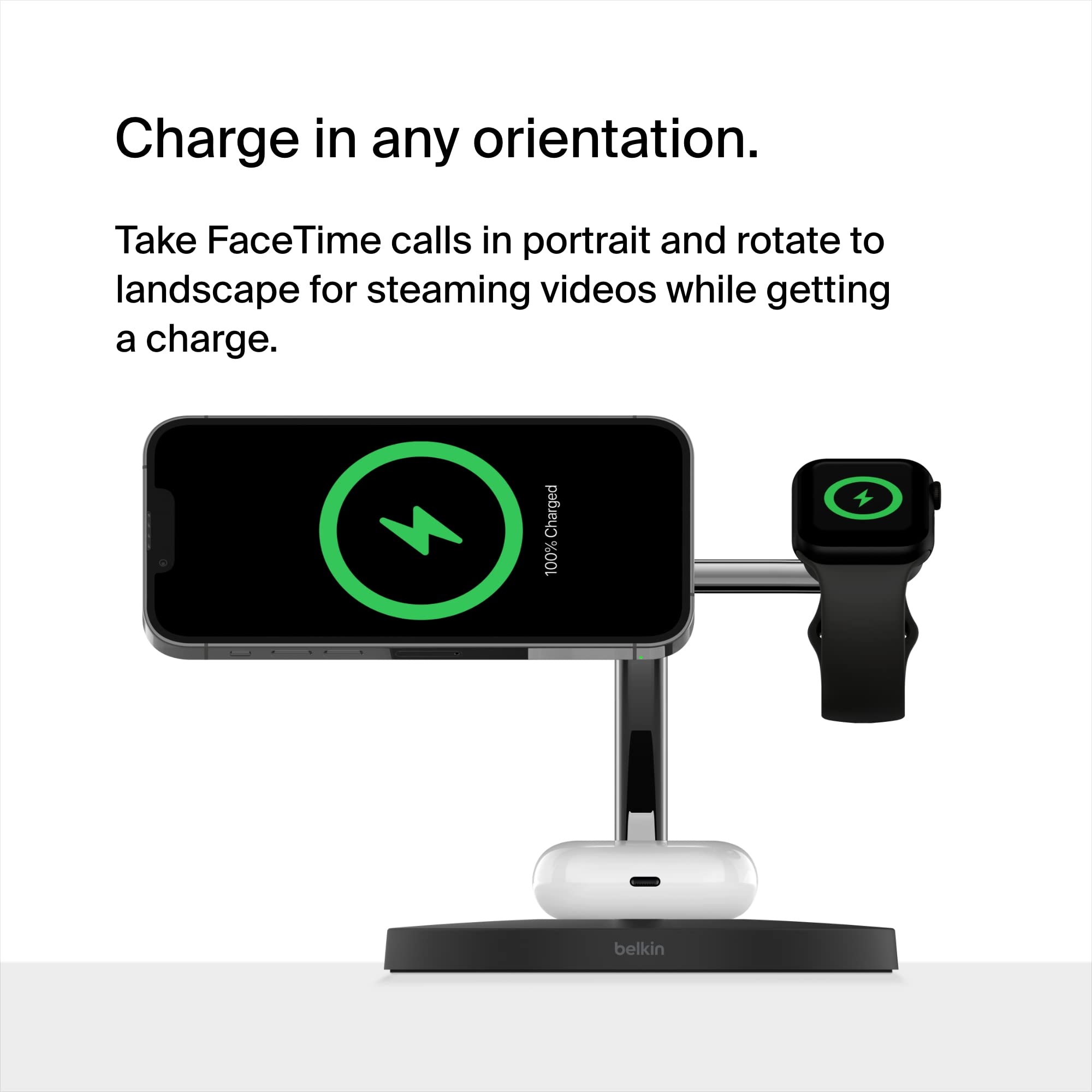 Belkin MagSafe 3-in-1 Wireless Charging Station - 15W Fast Charger for iPhone 16/15/14/13/12 Series, Apple Watch 10/9/8/SE/Ultra & AirPods - Black | Perfect for Bedside, Office Desk & Travel Charging