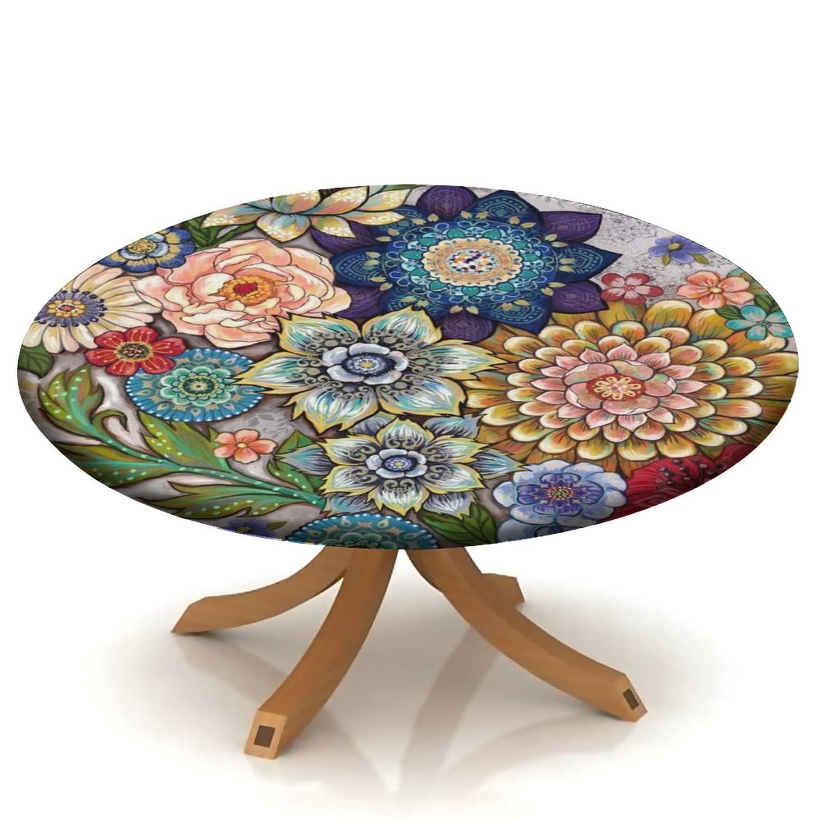 Boho Round Fitted Tablecloth - Floral Bohemian Waterproof Table Cover for Kitchen & Dining Room | Stain-Resistant Polyester Fabric (Fits 28
