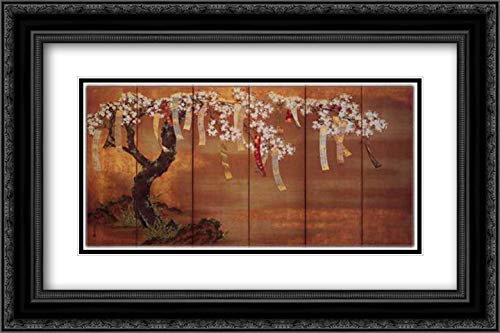 Tosa Mitsuoki Cherry Blossom Art Print - 24x16 Double Matted Museum Quality Framed Painting with Poem Slips, Elegant Black Ornate Frame | Perfect for Home Decor, Office Wall Art & Japanese Culture Enthusiasts