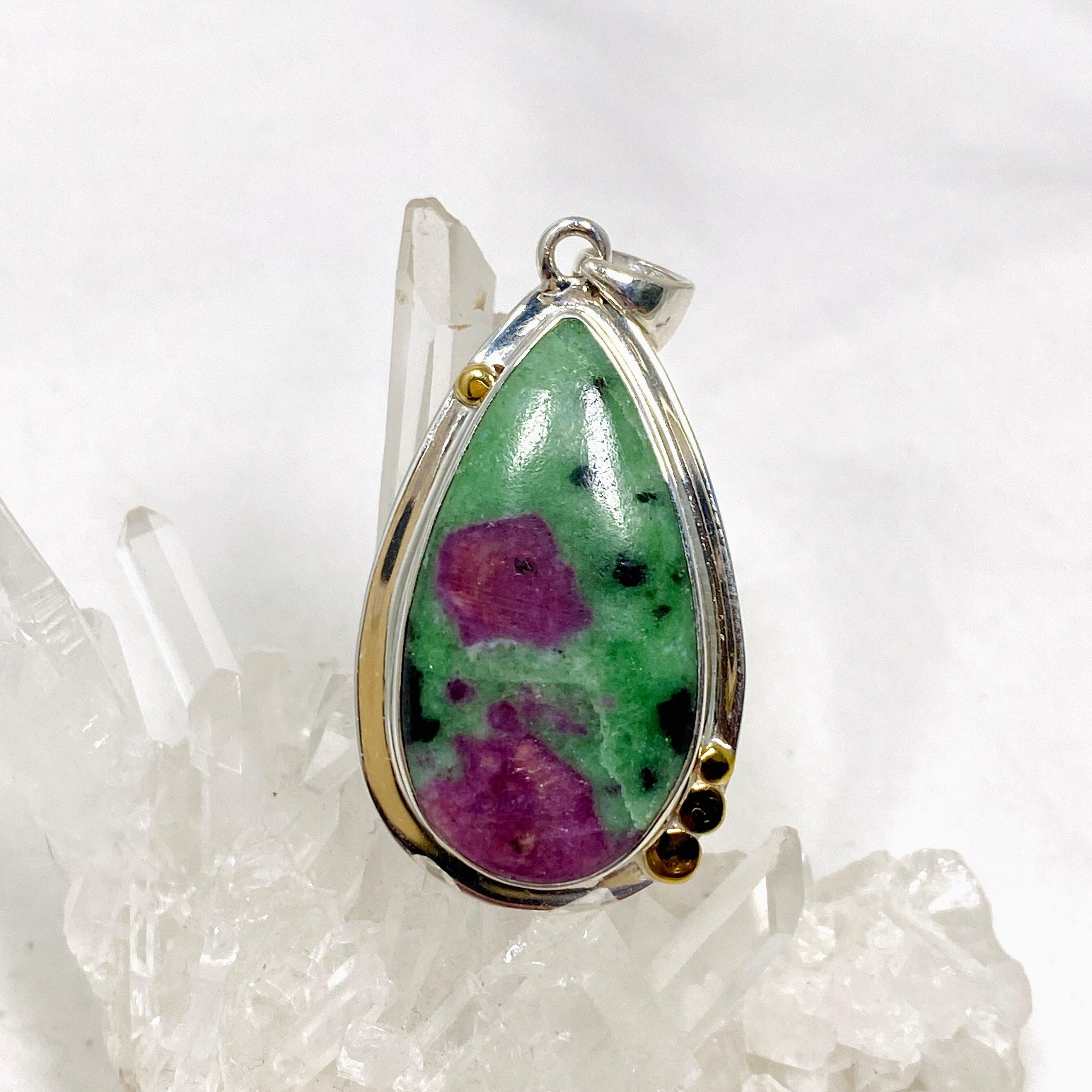 Natural Ruby in Zoisite Teardrop Pendant Necklace - Handcrafted Sterling Silver Jewelry KPGJ4494 | Perfect for Spiritual Healing, Meditation & Elegant Occasions