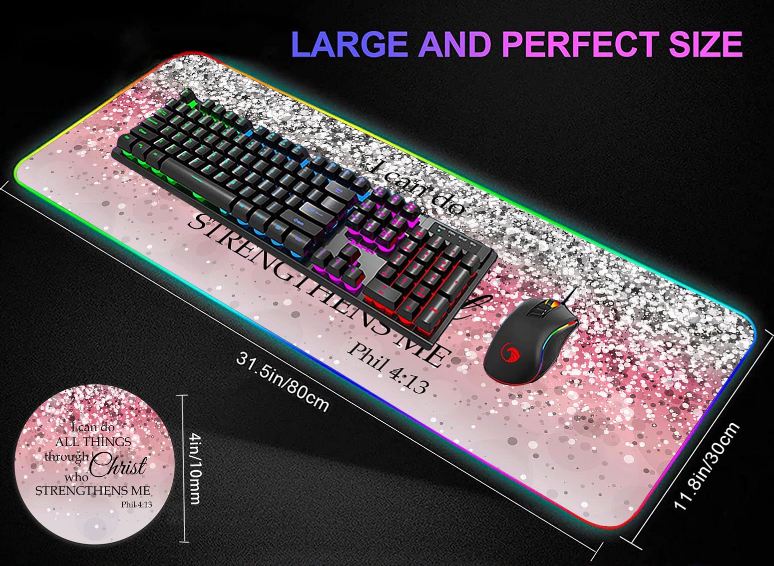 RGB Gaming Mouse Pad with LED Lights - Large Non-Slip Desk Mat for Keyboard & Mouse - Pink Sparkle Glitter Design with Philippians 4:13 Bible Verse - Perfect for PC Gaming, Office Work & Home Decor