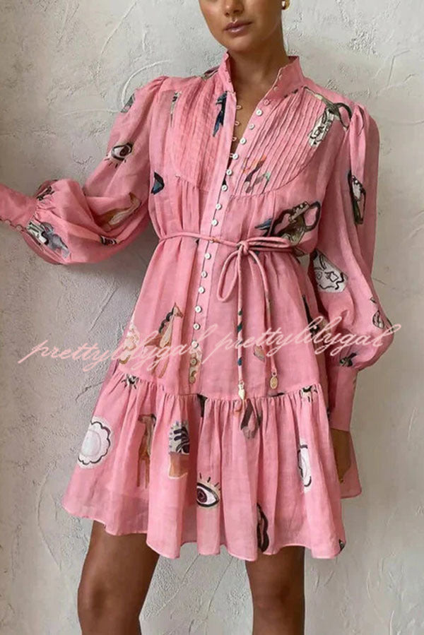Unique Print Single Breasted Balloon Sleeve Tie Waist Ruffled Mini Dress - Elegant Party & Date Night Outfit for Women