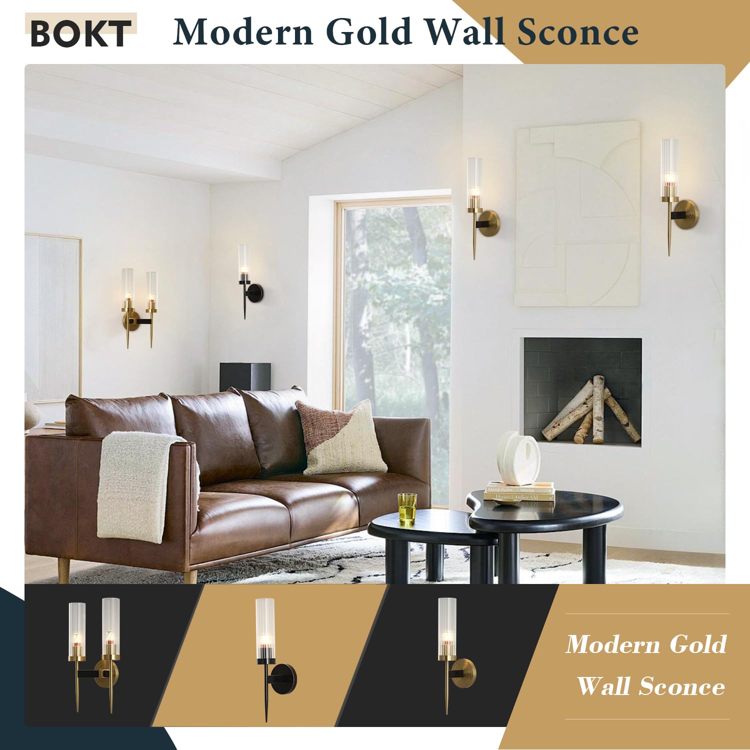 BOKT Mid-Century Modern 2-Light Crystal Wall Sconce - Brushed Brass Gold Finish, Clear Cylinder Glass Shade - Perfect for Bedroom, Hallway & Living Room Lighting