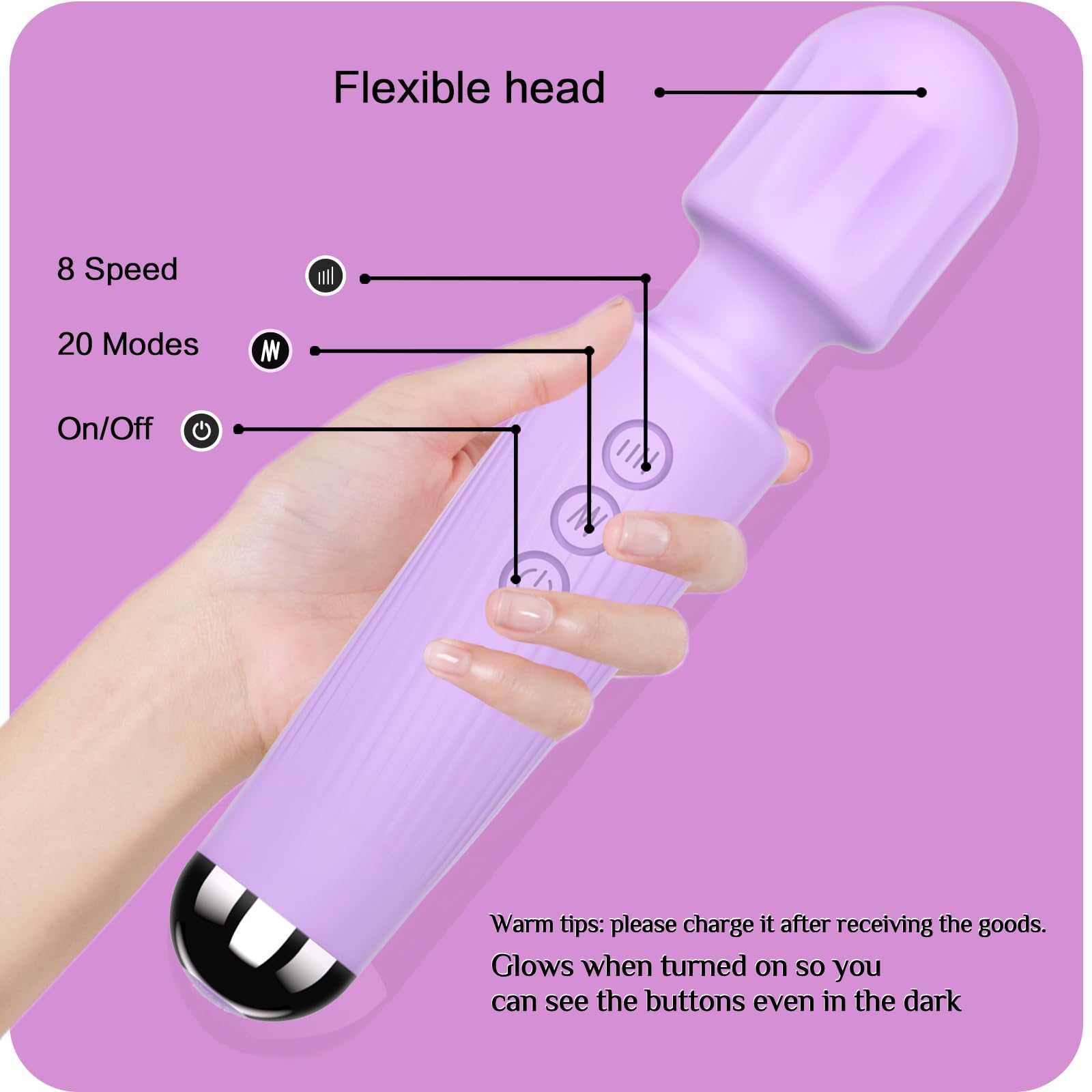 8-Speed 20-Pattern Rechargeable Vibrating Wand Massager for Women - Powerful Clitoral Stimulator & G-Spot Vibrator, Adult Sex Toy with Ergonomic Design - Perfect for Solo Play & Couples Intimacy (Violet)