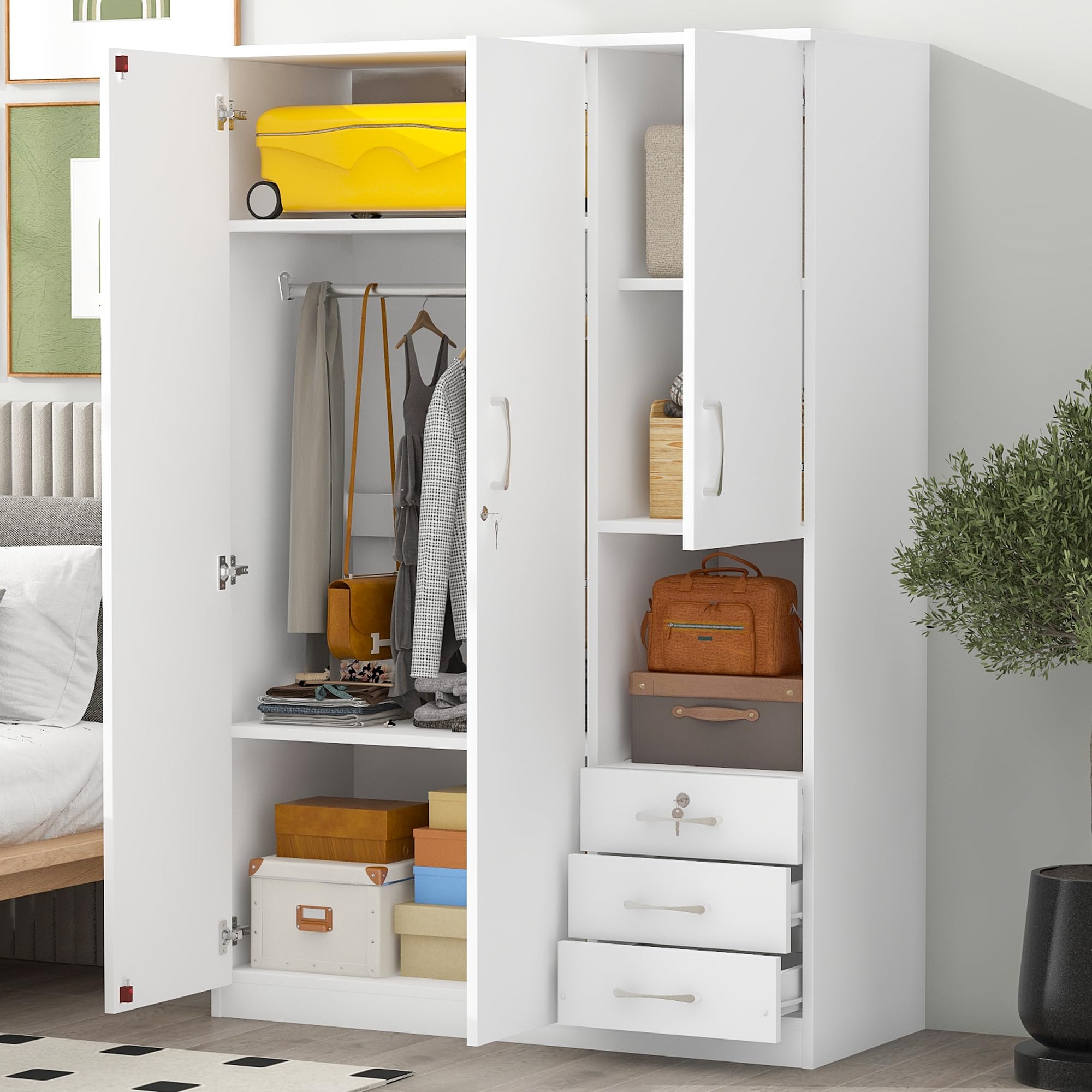 3-Door Wooden Wardrobe Armoire with Shelves, Drawers & Hanging Rod - Modern Bedroom Closet Organizer Storage Cabinet in White - Perfect for Master Bedroom, Guest Room or Dorm Organization