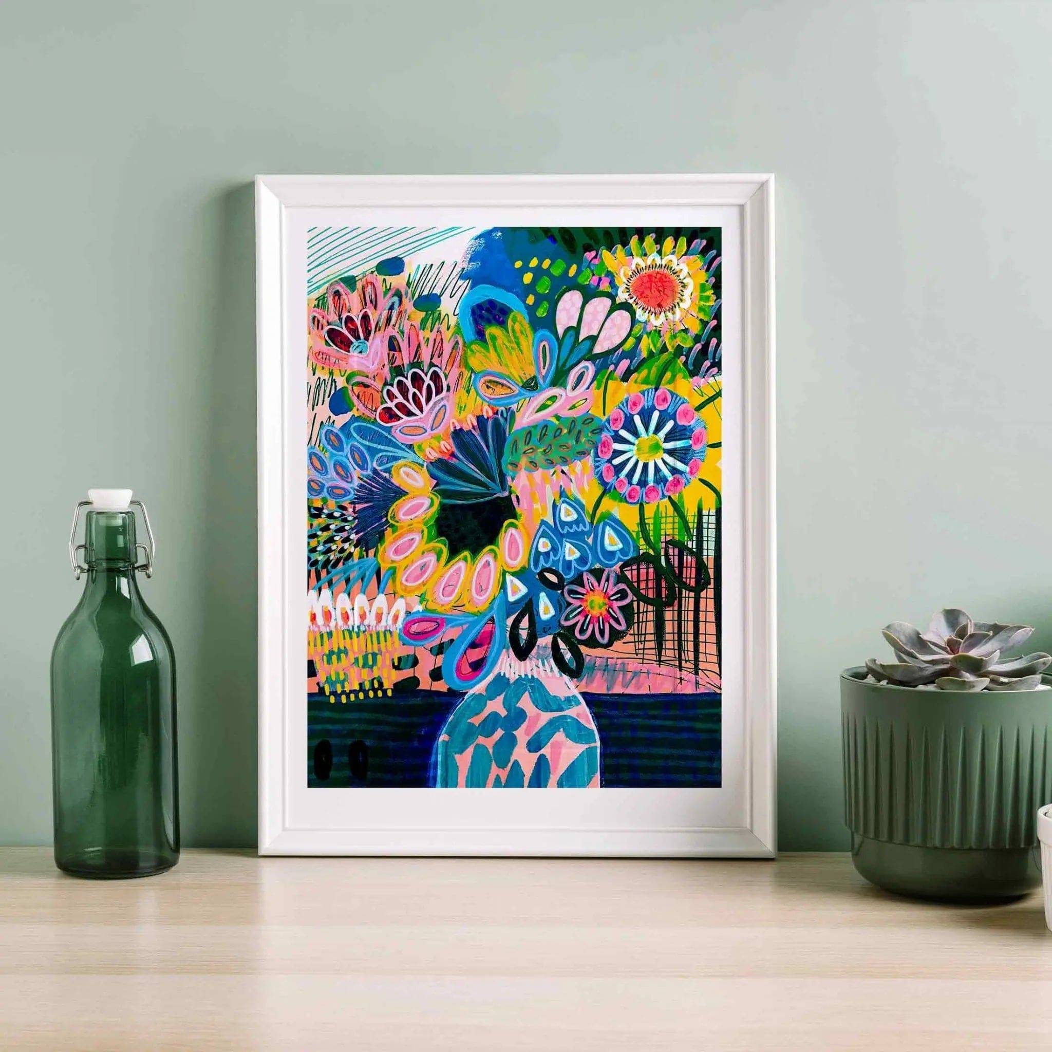 Abstract Floral Wall Art Print - Modern Canvas Painting of Flowers in Vase for Living Room & Bedroom Decor